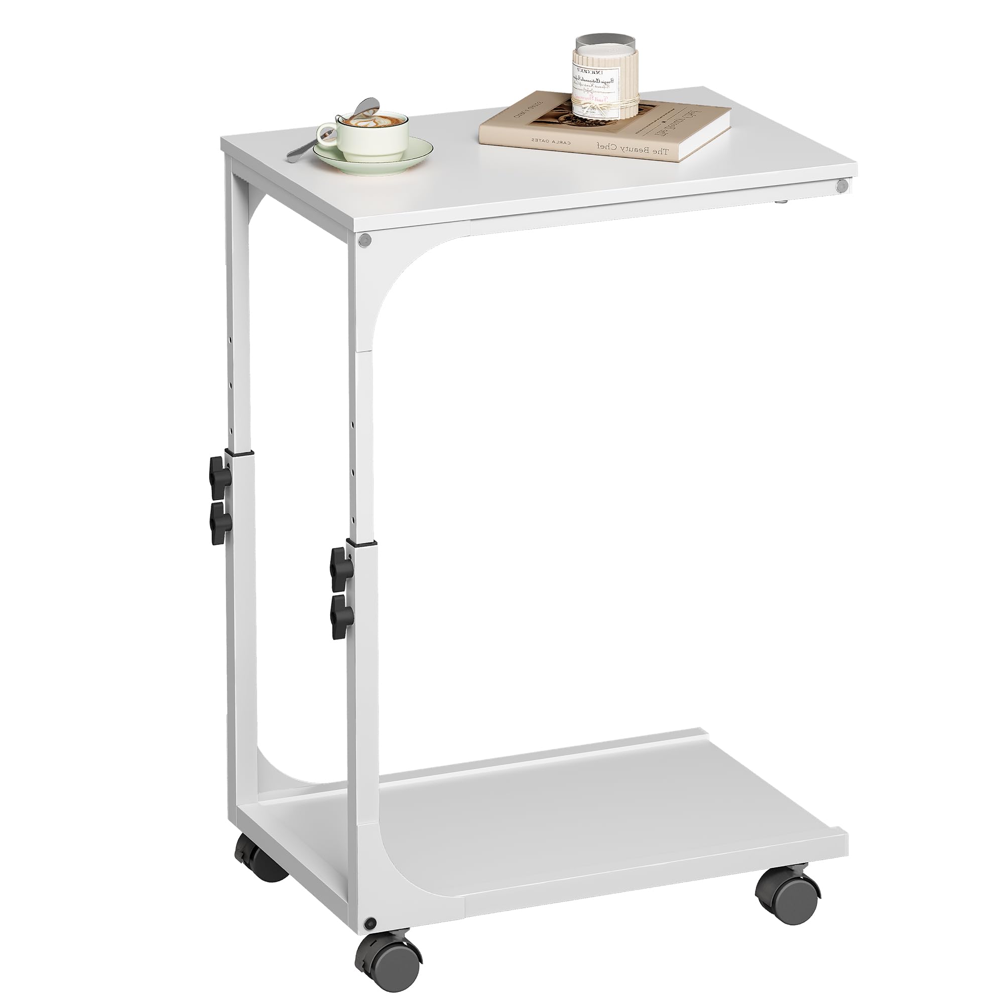 WLIVE Side Table, Height Adjustable Bedside Table with 4 Lockable Wheels, Sofa Table with Sturdy Steel Frame for Living Room, Bedroom, Small Spaces, White