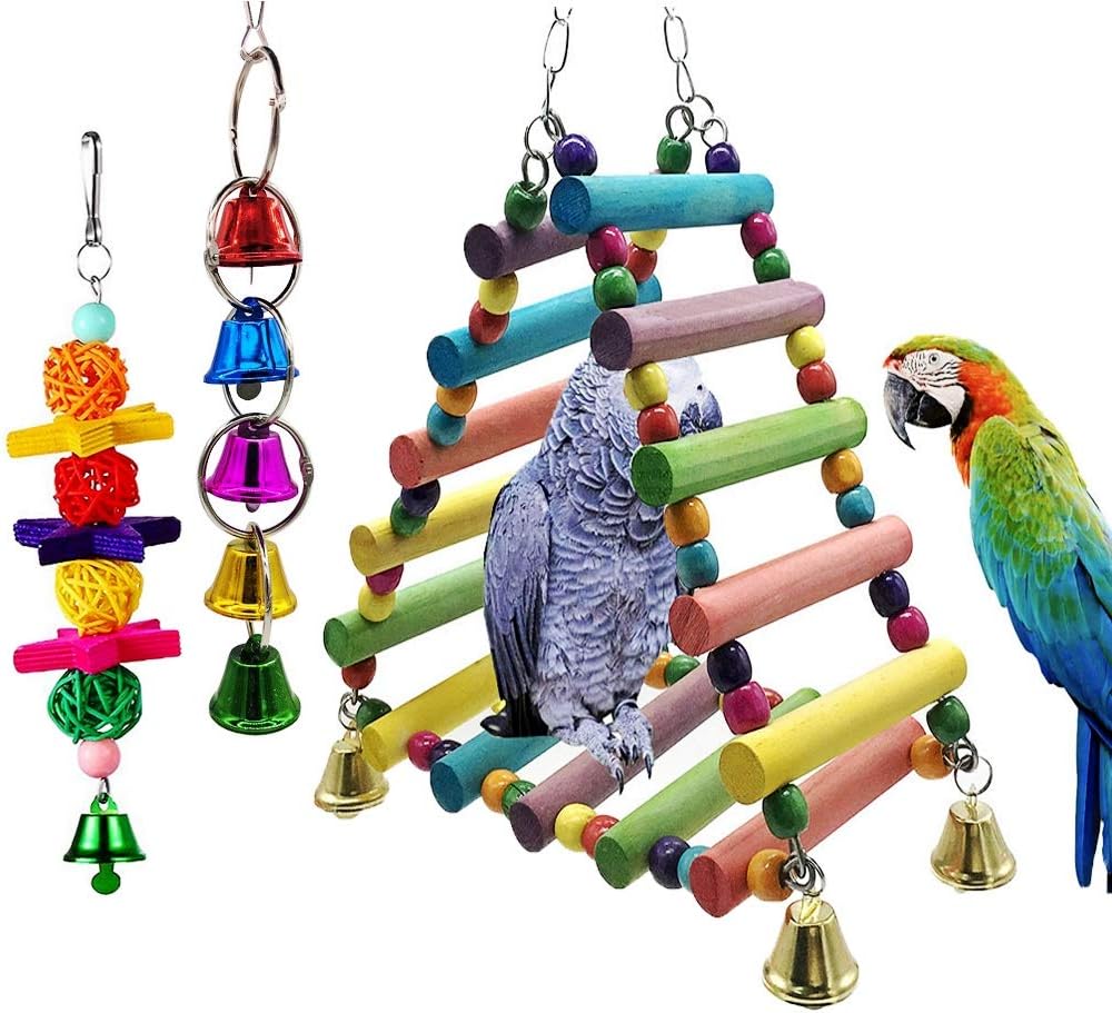 JpGdn 3PCS Bird Toys Hanging Bell Wooden Bridge Triangle Hammock Swing Parrot Chewing Toy for Small Parakeets Cockatiels Conures Macaws…