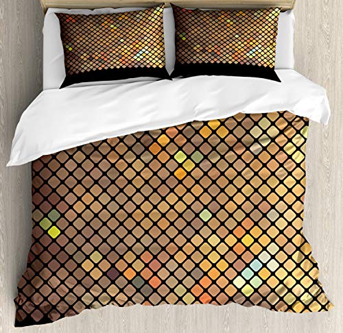 Ambesonne Earth Tones Duvet Cover Set, Vibrant Mosaic of Diagonal Squares with a Black Finish Celebration Event Theme, Decorative 3 Piece Bedding Set with 2 Pillow Shams, Queen Size, Pale Sand