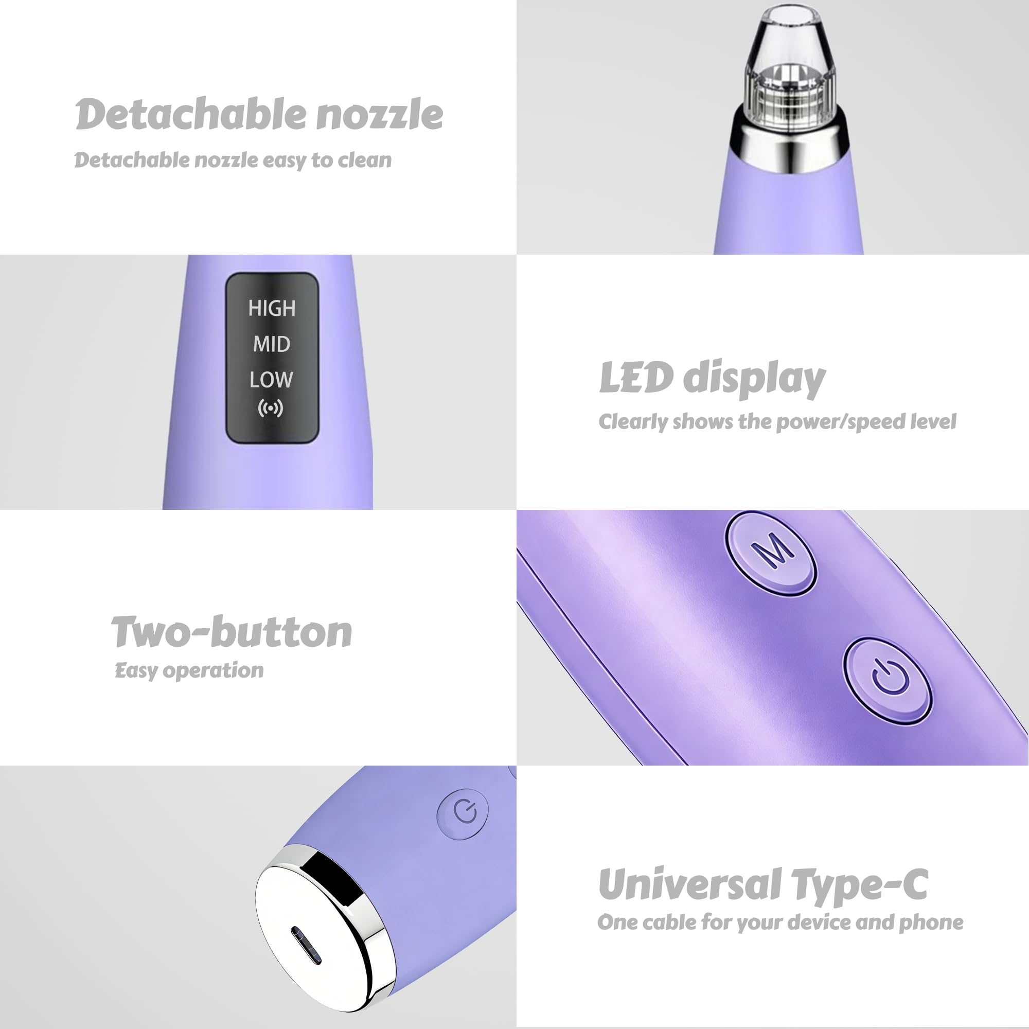 Aspirapolvere per la rimozione dei punti neri e dei pori del viso, con 3 livelli di aspirazione regolabili, 5 sonde, interfaccia di ricarica USB (viola)