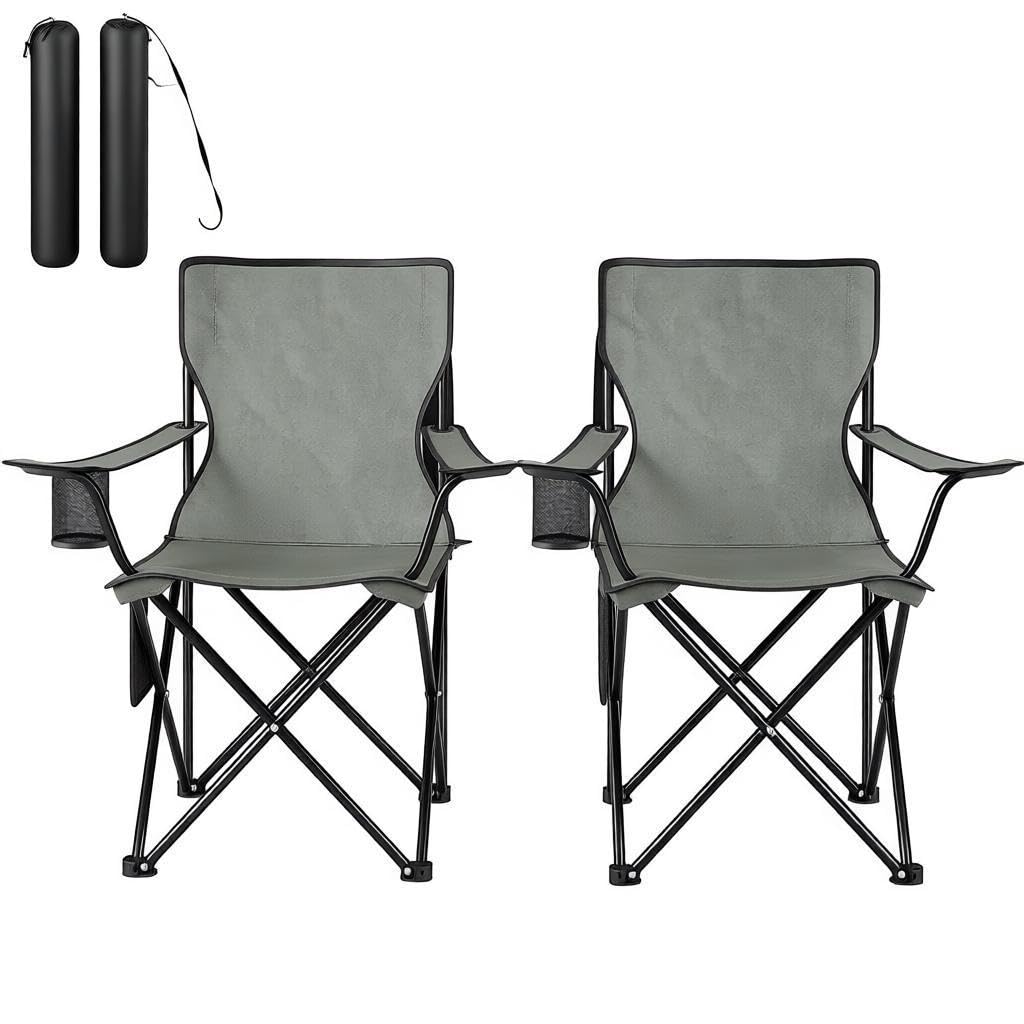 Lot de 2 chaises de camping pliantes avec porte-gobelet, chaise de plage et chaise de pêche, chaise de camping d'extérieur avec cadre en métal, tissu Oxford, gris foncé