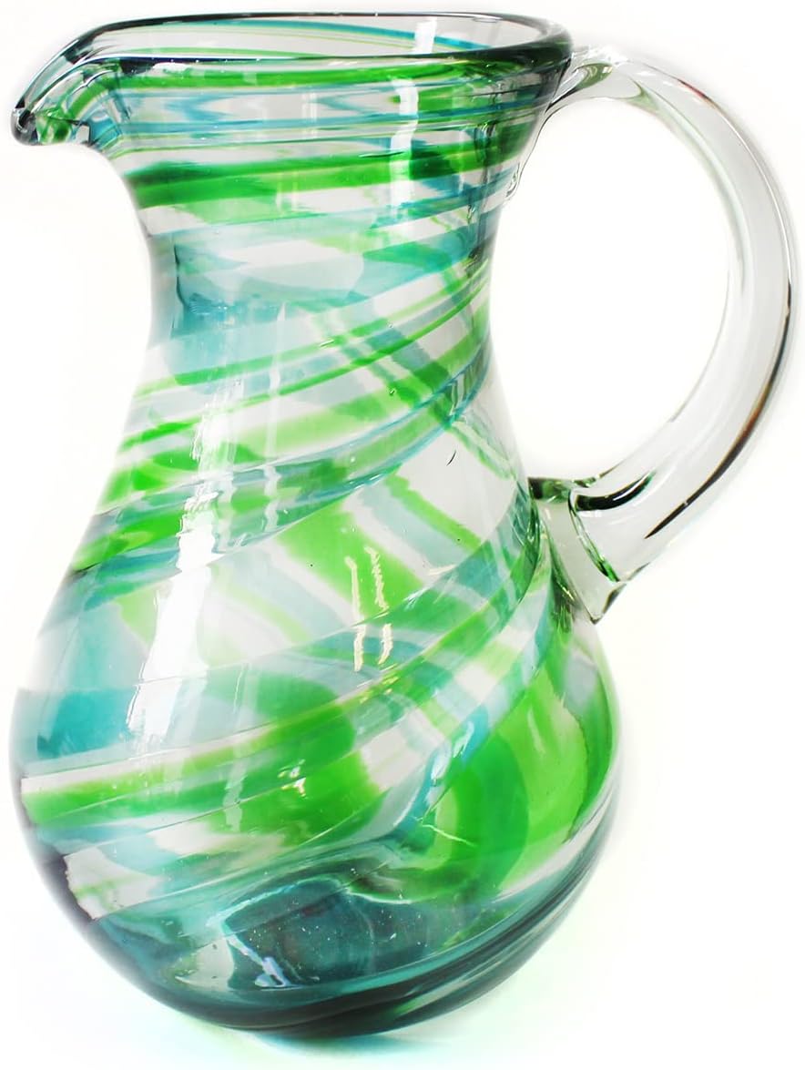 10" Glass pitcher made in Mexico - Green and Aqua swirl