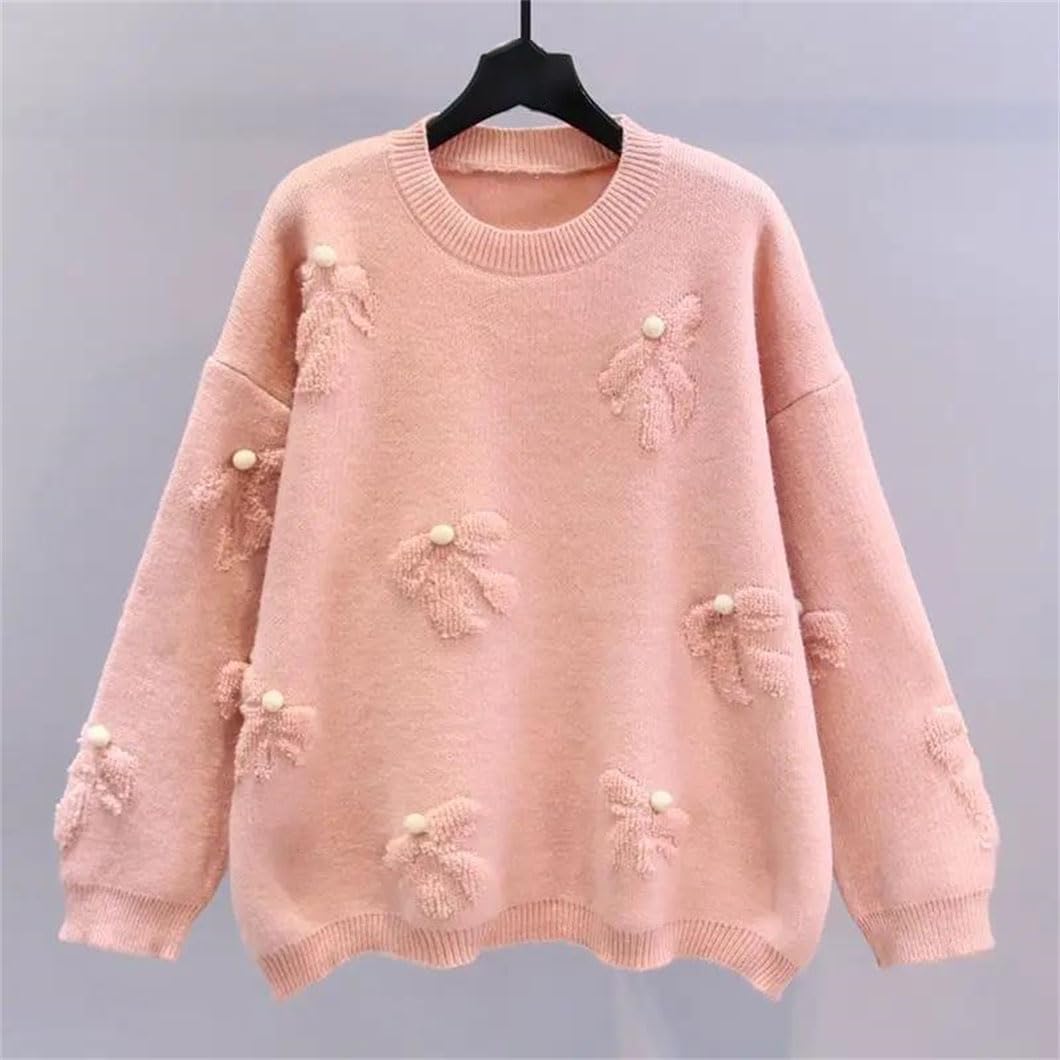 Women's Fall Red Loose Thick Long Sleeve Pullover Round Neck Knitted Soft Warm All-Macth Sweater