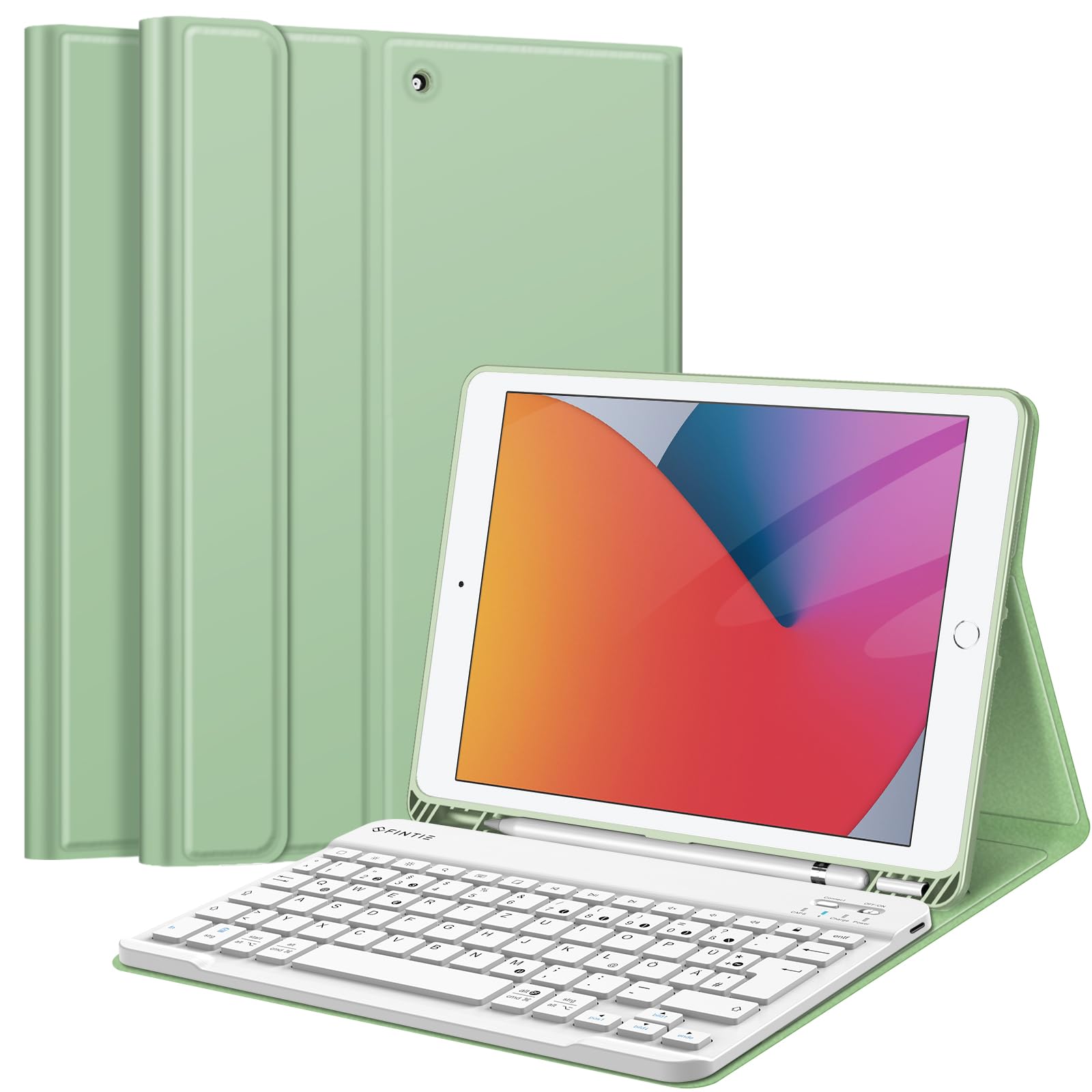 FINTIE Tastatur Hülle für iPad 10.2 Zoll (9/8/ 7 Generation - 2021/2020/2019), Schutzhülle mit TPU Rückschale, Pencil Halter und magnetisch Abnehmbarer Tastatur mit QWERTZ Layout, Pastellgrün