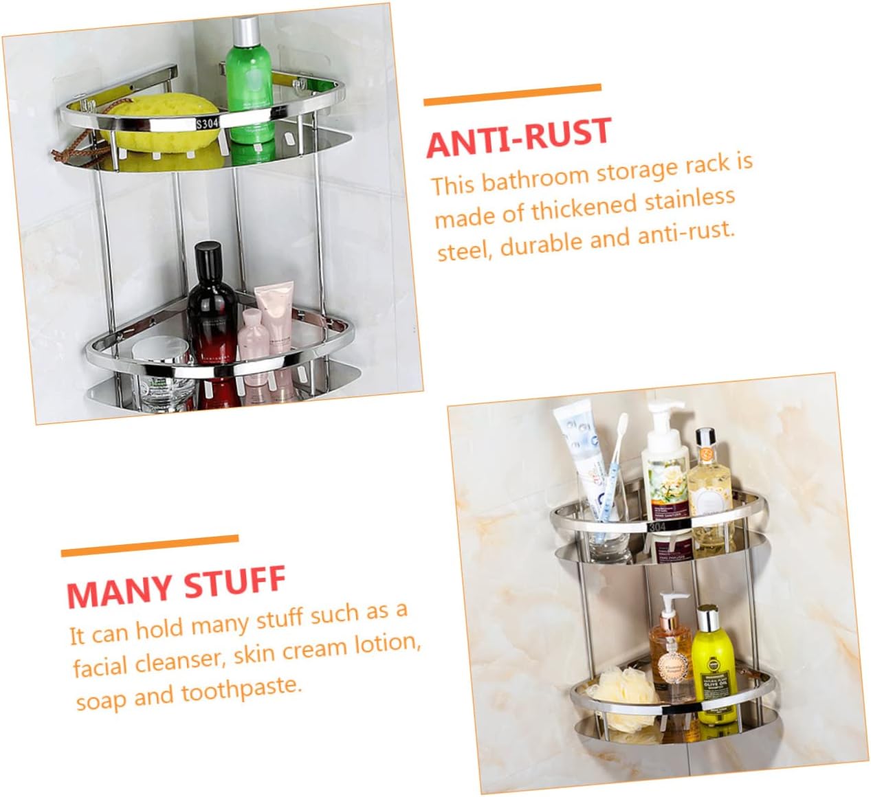 PRETYZOOM Stainless Steel Double Layer Corner Storage Rack Thickened Triangle Bathroom Shelf Organizer with Hollow Out Design for Efficient Space Utilization