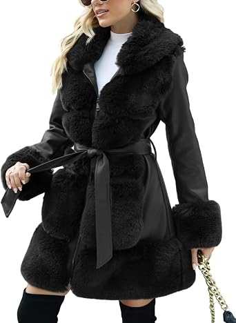 Bellivera Womens Wool Pea Coat Faux Fur Jacket Winter Warm Parka Overcoat with Belt