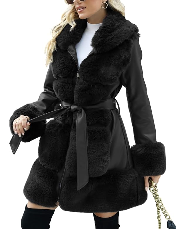 Bellivera Women's Faux Leather Jacket Sherpa-Lined Coat Winter Warm Parka Overcoat with Belt 241 Black XXL by Bellivera - Used condition - US$39.59