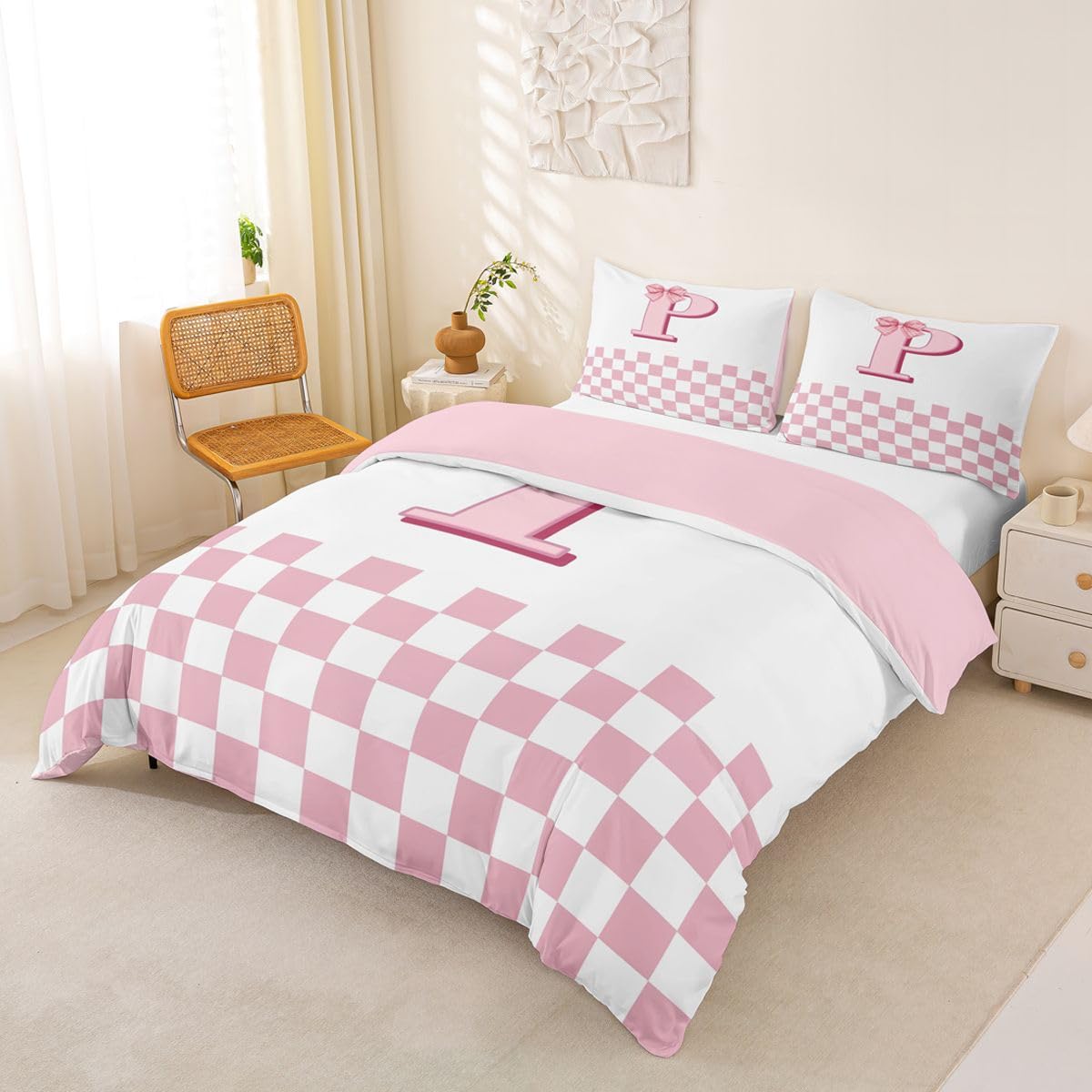 Homewish Białe i różowe zestawy poszewek na kołdrę w rozmiarze king size geometryczne siatki w kratę inicjał P pościel dla dorosłych nastolatków kobiet wstążka muszka estetyczna poszewka na kołdrę