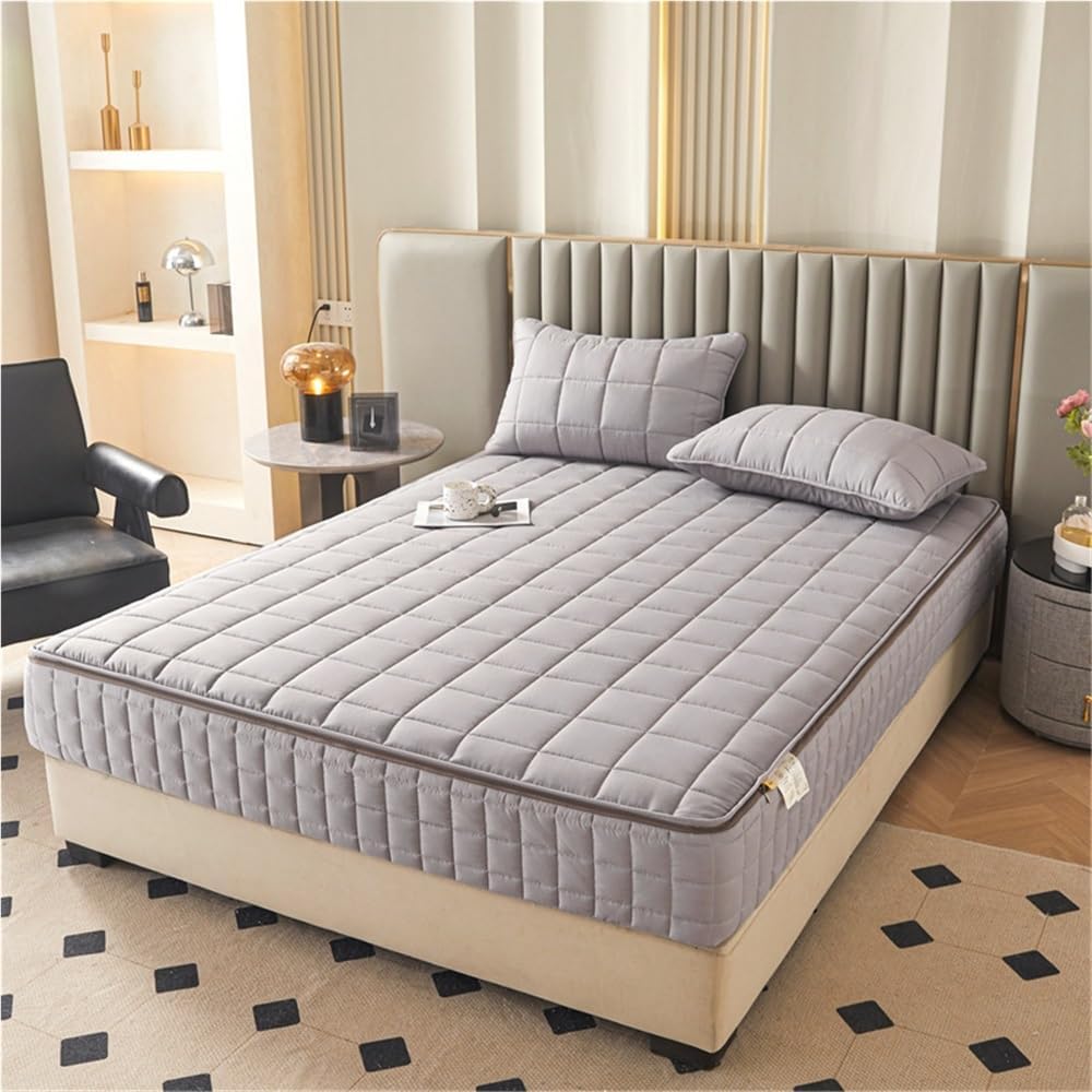 Quilted Mattress Protector with Zip 360° Total Encasement Cover Breathable, Washable & Anti-Slip Fitted Sheet for Double/Queen/King Size Bed, No Pillowcase(Light Grey,135x190+20cm)