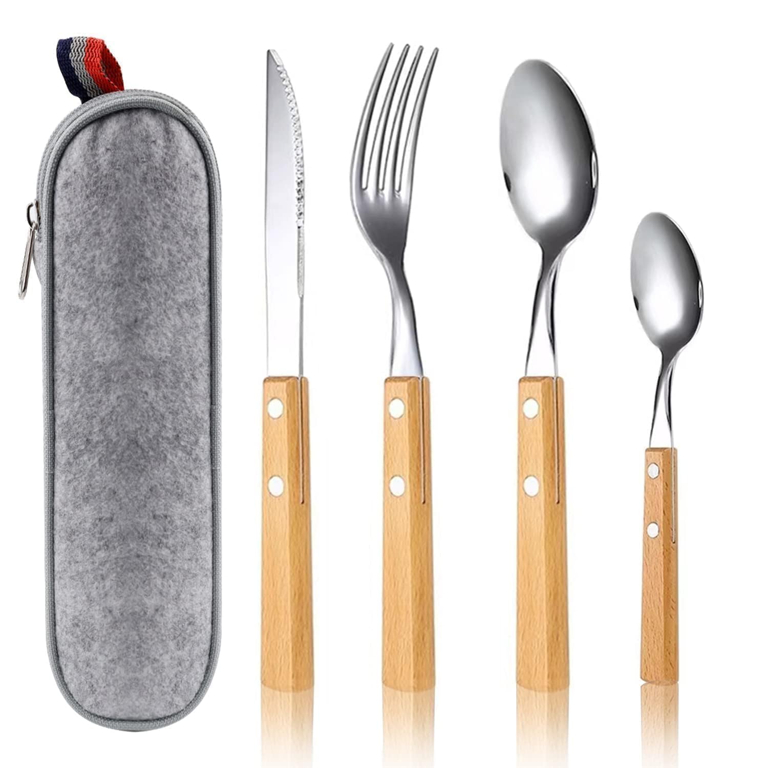 LERANXIN Cutlery Sets Set of 4 Stainless Steel Knife and Fork Sets, Wooden Handle Camping Cutlery Set, Reusable Cutlery Set, Knife Fork Spoon Set, Picnic Cutlery, Portable Cutlery Set