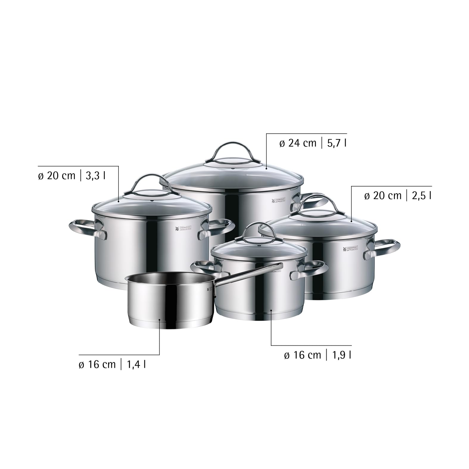 WMF Provence Plus, Set Pentole Acciaio Inox 18/10 Lucido, con Coperchio in Vetro, Scala Graduata Interna, Adatto a Cottura su Gas, Induzione e Forno, Resistenti Fino a 250°C, Lavabili in Lavastoviglie