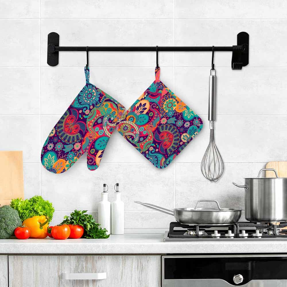 Juego de manoplas de horno de silicona con flores coloridas y soportes para ollas, exóticos, rizados, étnicos, fantásticos, florales, coloridos, artísticos, para cocina, hornear, asar a la 4