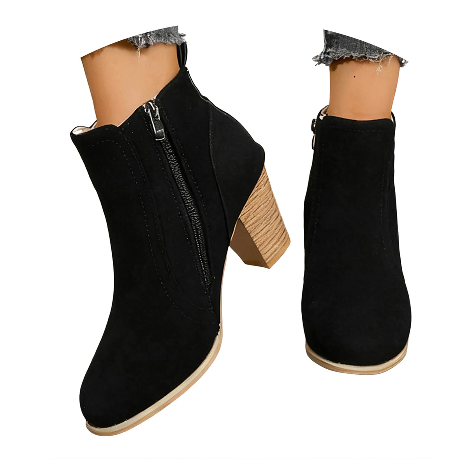 Suede Ankle Boots Chunky Block Heel Side Zipper Almond Toe Black Short Boots Slip-On Chelsea Pump Fall Winter