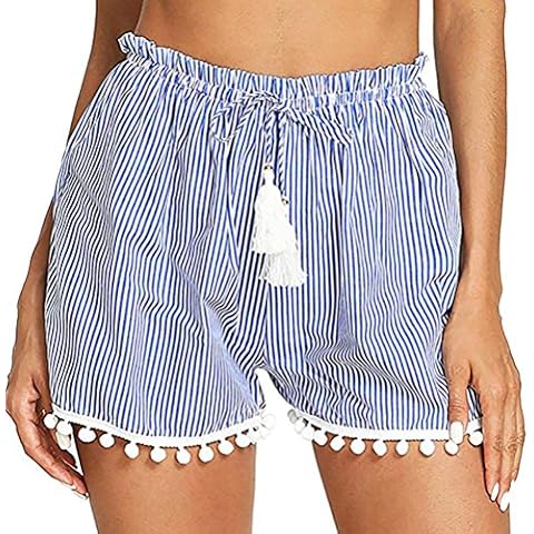 HARRYSTORE Women Shorts Sale Clearance Girls Stripe Beach Short Pants Trousers Tassel Shorts,Casual Summer Holiday Workout Sport Yoga Walking Underwear Skirt Tankinis (UK Size:14, Blue) Cover