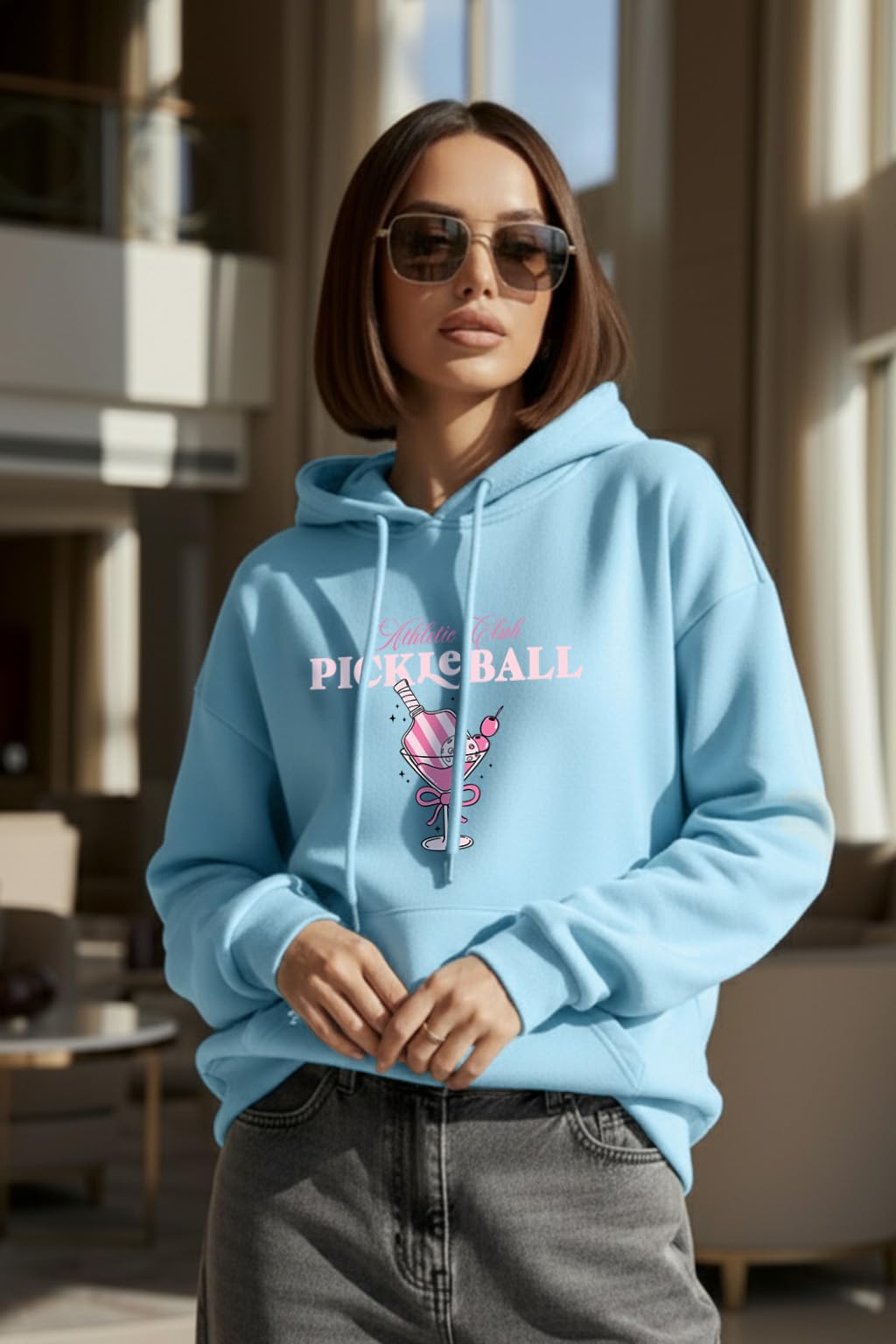 JUNEBERRY Damska bluza z kapturem oversize przędzenie pikowana bluza z kapturem z długim rękawem z nadrukiem graficznym dla kobiet S do 3XL