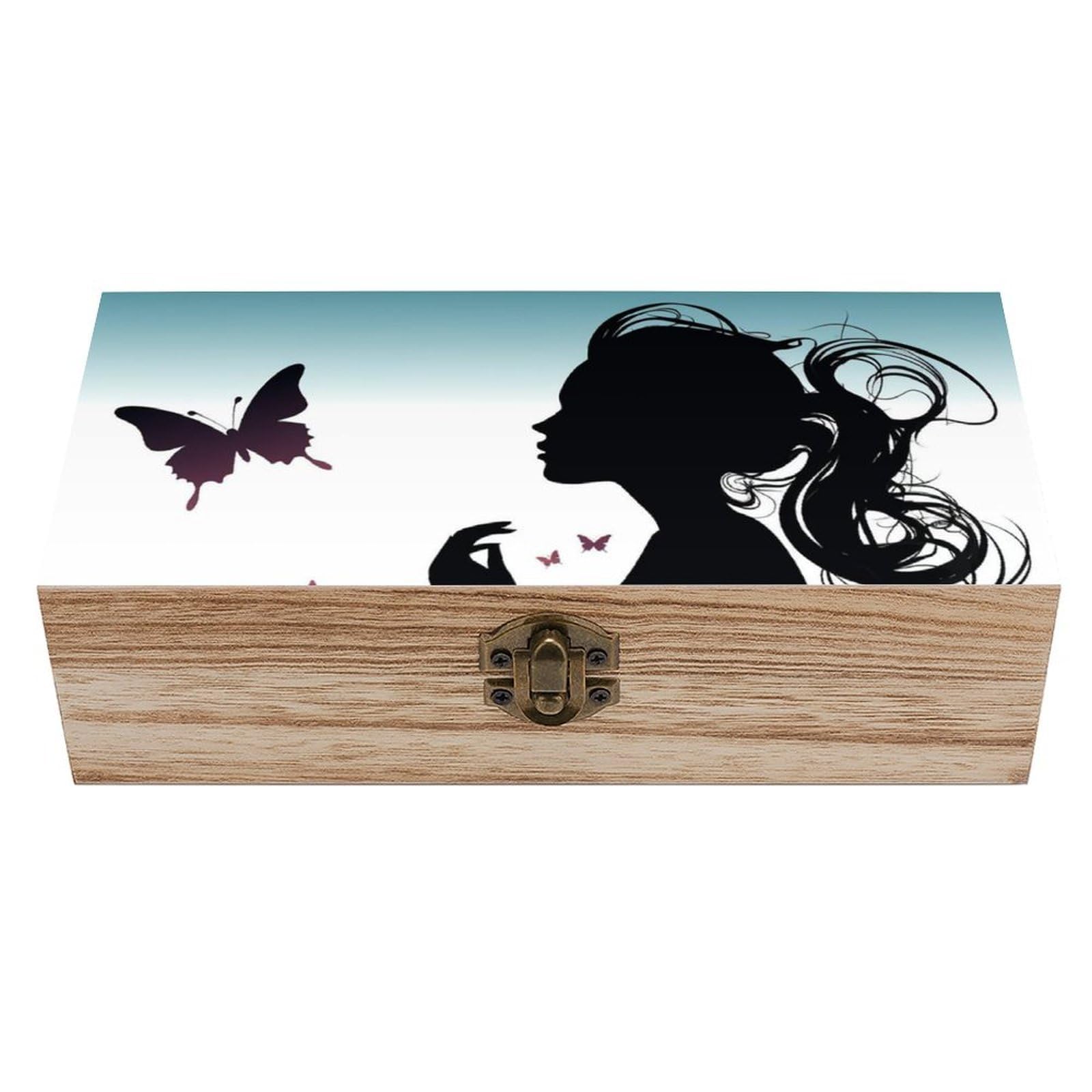 HLBSDM Butterfly Girl Memory Jewelry Wooden Box, Large Wooden Treasure Chest Boxes with Hinged Lid, Photos Storage Case for Women Men, Wooden Keepsake Box, 7.9'' X 3.9'' X2.3''