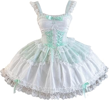 HIMI HIMIFASHION Lolita Bretels Prinsessenjurk Tienermeisjes Zoete Strik Kant Gelaagde Ruffle Zoom Cosplay Kostuum Feestjurken, Beige, L