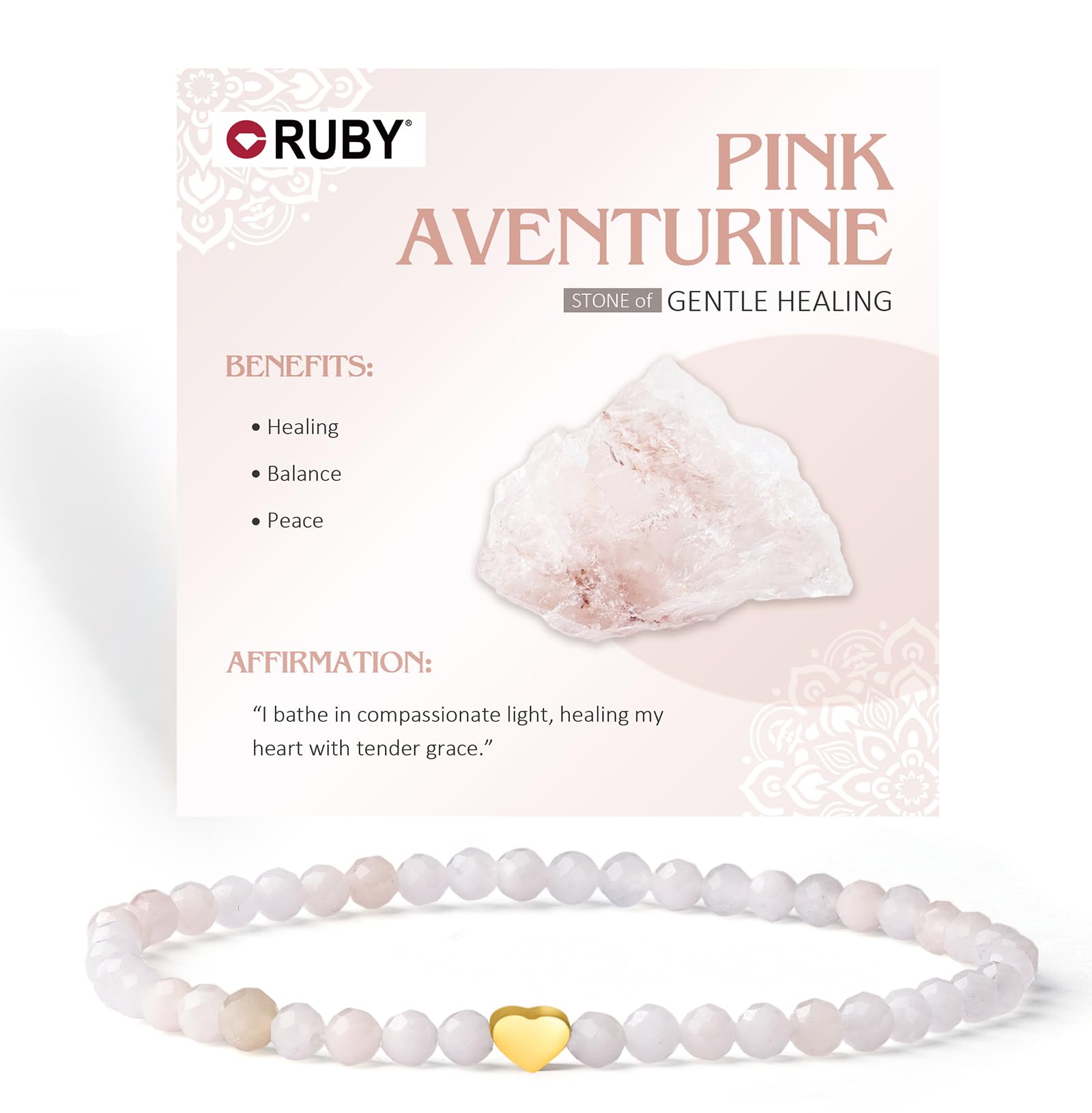 RUBY Edelstein Perlen Armband für Frauen, 4mm Perlen und 18K Vergoldet Edelstahlherz Armbänder Damen,elastischer Schmuck Yoga,Geschenk zum Muttertag-Inklusive Geschenkbox Holz