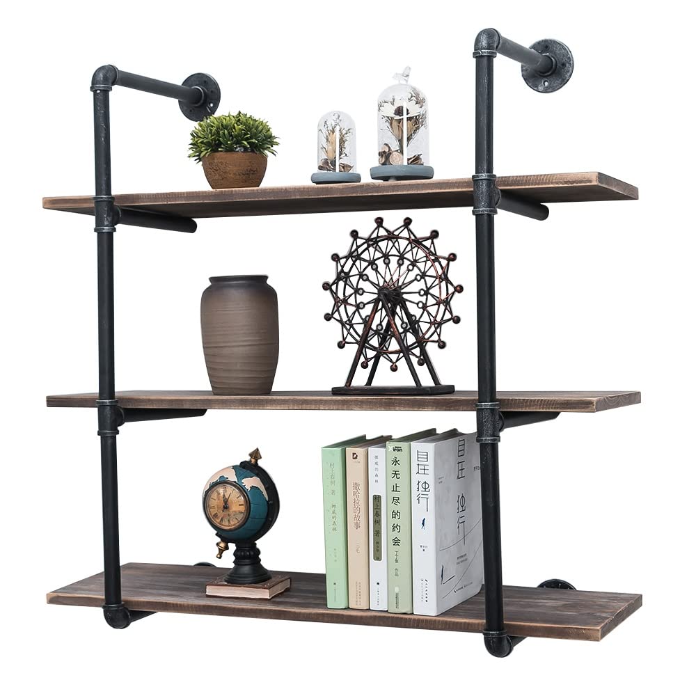 OLDRAINBOW Industrial Pipe Shelving Wall Mounted,Rustic Metal Floating Shelves,Real Wood Book Shelves,Wall Shelf Bookshelf Hanging Wall Shelves Bar Shelving (3-Layer, 36in)