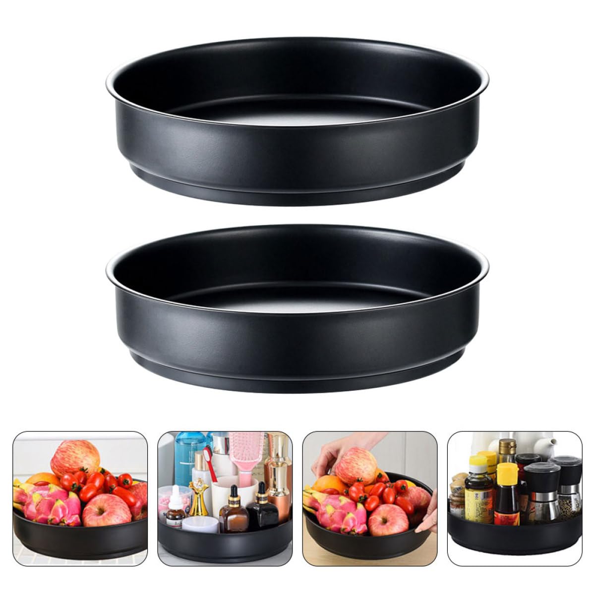 2 Scaffali Portatili Girevoli in Acciaio Inox Nero, Vassoi Portaoggetti per Spezie da Cucina Multifunzionali, Organizer Compatto per Barattoli e Utensili in Cucina