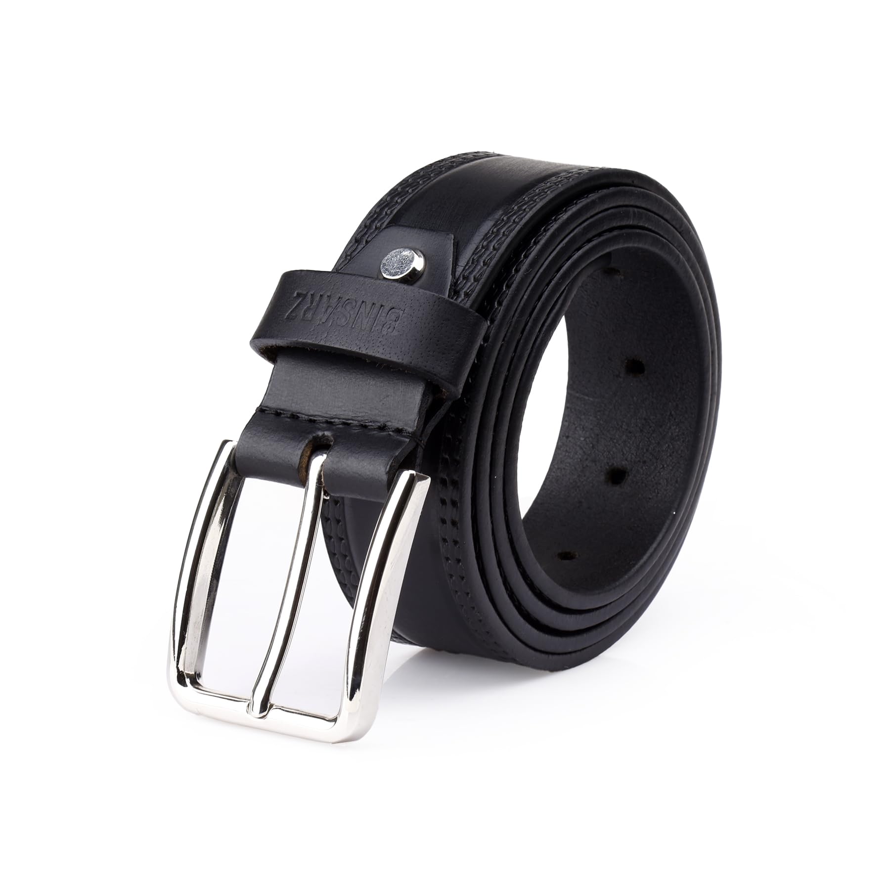 Classic Genuine Leather Belt with Decorative Pattern, Black, Silver Buckle-image-29