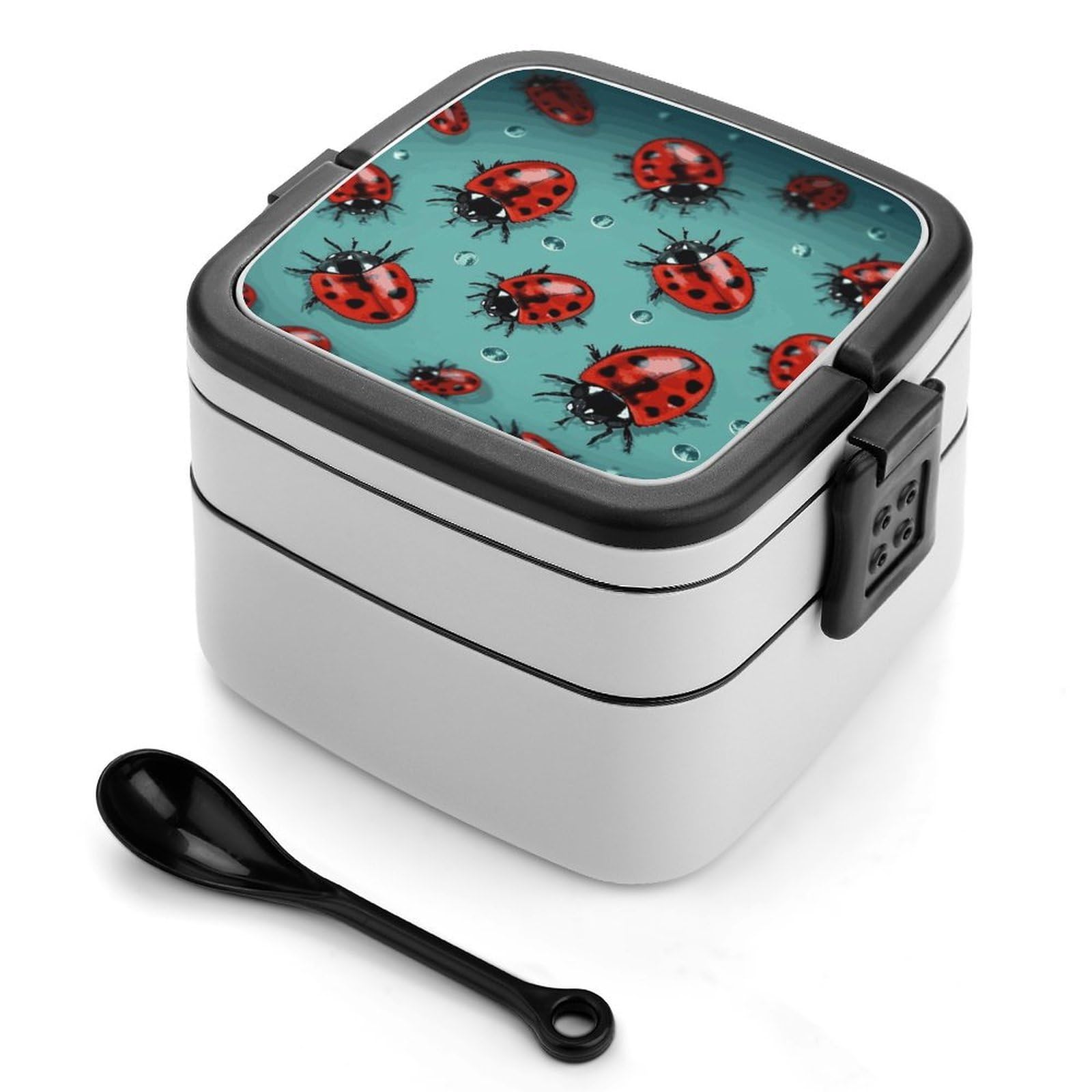 FekiLoot Red Ladybugs On A Blue Background Bento Box Adult Lunch Box Sealed Bento Lunch Boxes with Spoon Sturdy Double Layer Bento Boxes Snap-on Design Leak Proof Lunch Containers Ideal for Work