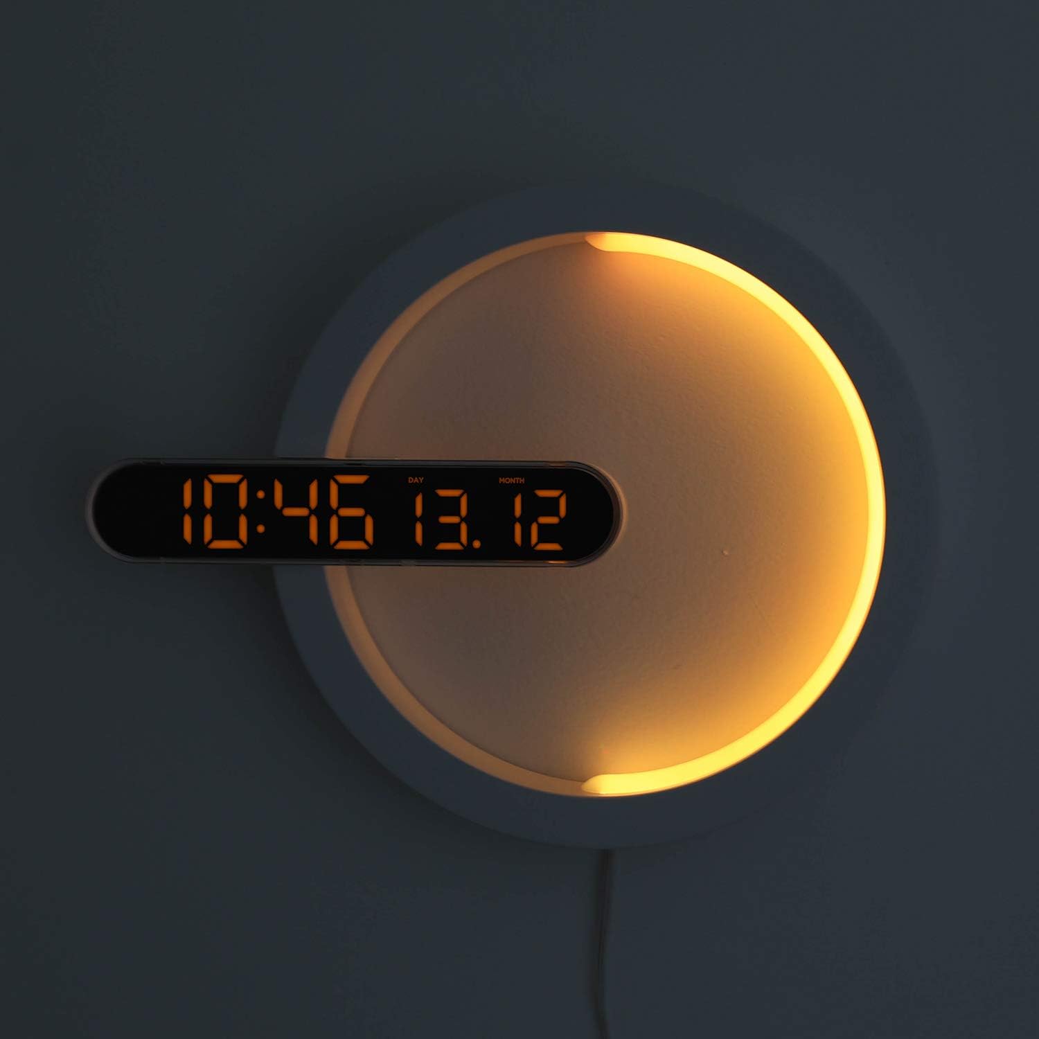Mooas Dual LED Moon Night Light Digital Alarm Clock displaying time 10:46 and date 13.12 with an orange LED display.