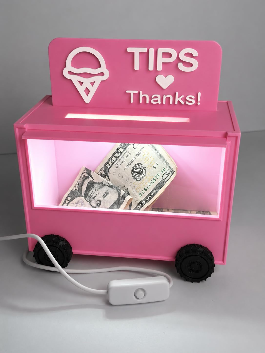 Pink Ice Cream Food Truck Tip Box, Tip Jar with LED Glow, White, for Food Trucks, Shops and Mobile Businesses