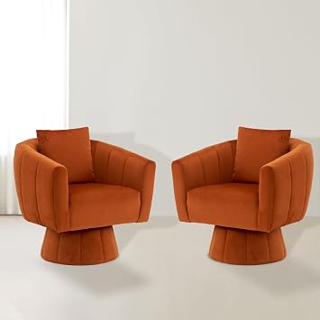 Swivel Accent Chair Set of 2, Modern 360Swivel Barrel Chair,Comfy Velvet Fabric Living Room Chair with Fluffy Cushions,Upholstered Armchair for Living Room,Bedroom,Lounge Orange