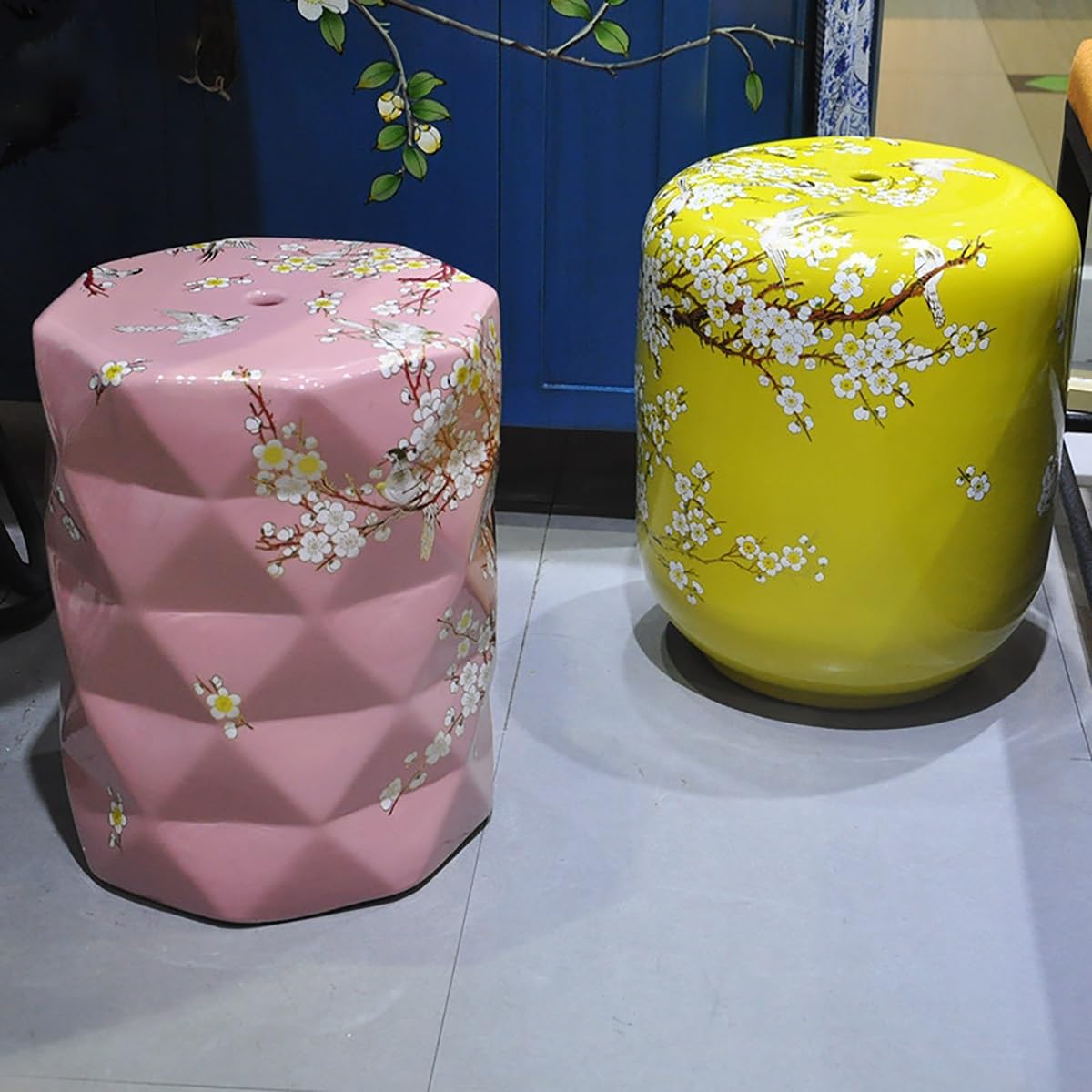 Ceramic Drum Garden Stool, Ceramic Stool, Decorative Ceramic Garden Stool, Decorative Garden Stools, Bird and Flower, Living Room, Bathroom, Garden Room, Patio(A)