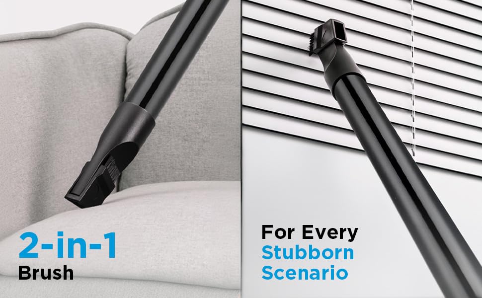 Close-up of the 2-in-1 brush and crevice tool attachments for the Midea 11S vacuum cleaner, showing their use on upholstery and blinds.