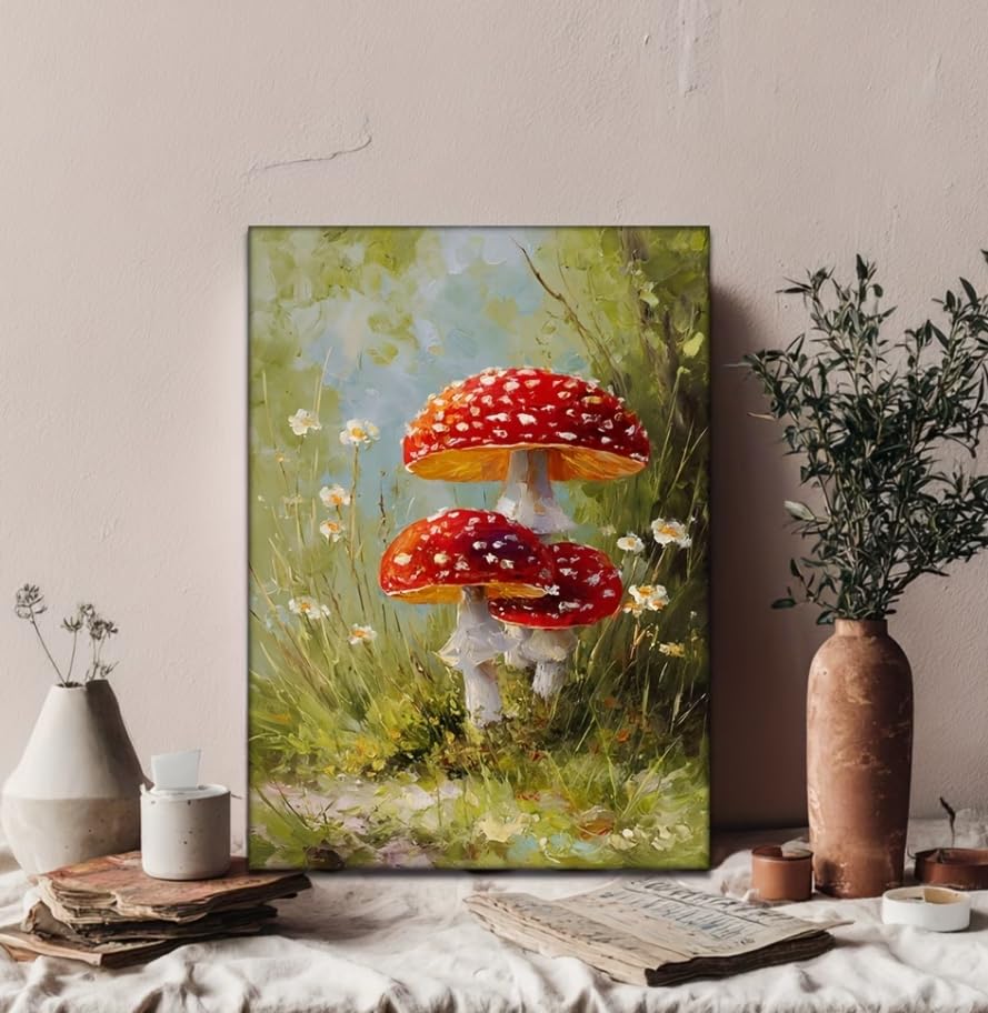 SXFDPDL Cuadro decorativo de pared con estampado de hongos rojos moteados, pintura botánica de bosque, póster decorativo para el hogar (60x90cm/sin marco)