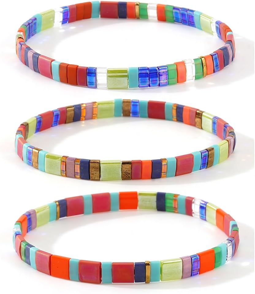 Tila Flat Colorful Beaded Stack Bracelets Set for Women, Trendy Handmade Miyuki Glass Beads Stretch Bohemia Bracelet Festive Holiday Accessories Jewelry Gift.