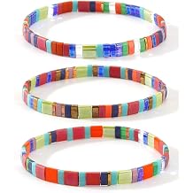 Tila Flat Colorful Beaded Stack Bracelets Set for Women, Trendy Handmade Miyuki Glass Beads Stretch Bohemia Bracelet Festive Holiday Accessories Jewelry Gift.