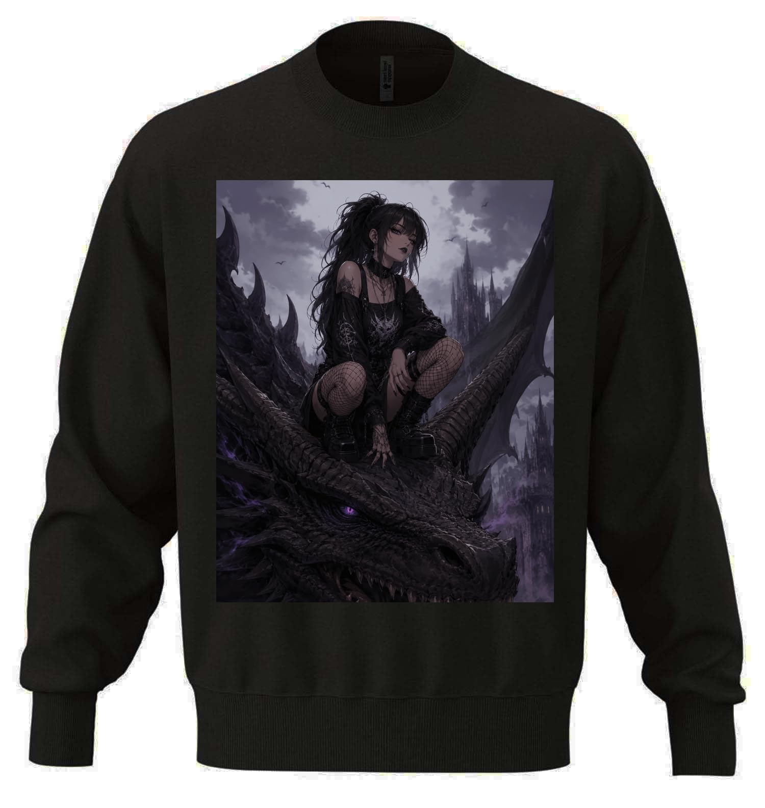 Dark Gothic Girl Riding Fierce Dragon Unisex Oversize Mieszanka Bawełny Ciężka Bluza Czarna