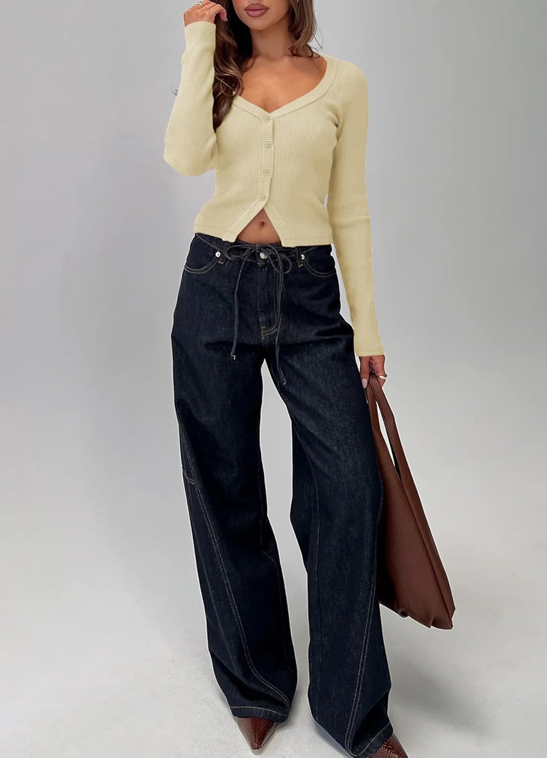 Women Button Up Fitted Cardigan Long Sleeve V Neck Cami Shirt Y2k Ribbed Crop Tops - Image 3