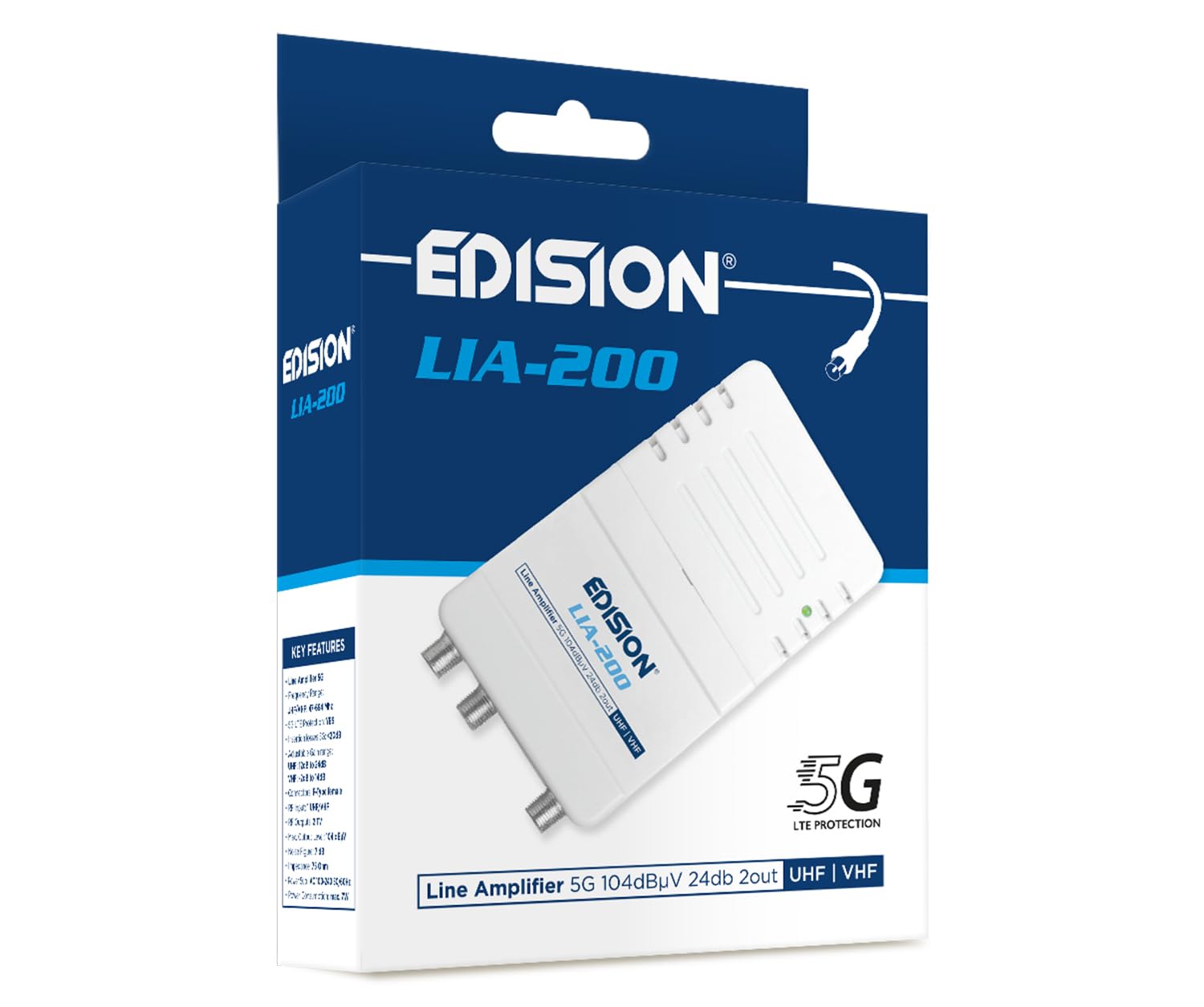 EDISION LIA-200 UHF/VHF wewnętrzny wzmacniacz telewizyjny, regulowany 12-24db, 104dBmV, do cyfrowej naziemnej DVB-T/T2, z filtrem 5G LTE, 1 wejście, 2 wyjścia