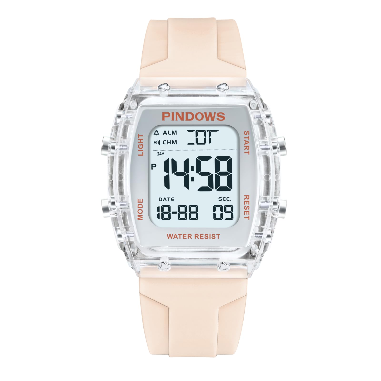 PINDOWS Digitale Sportuhr für Damen, transparentes Gehäuse, helles LED-Licht, 5 ATM wasserdicht, Stoppuhr-Alarm, Dualzeit, stilvolle Uhr für aktive Damen und Teenager