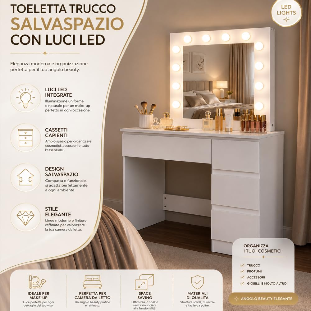 Shally Dogan Toeletta Trucco Bianca con Specchio e 12 Luci LED, 3 Cassetti, Postazione Makeup in Legno Design Minimal, Ideale per Interni, Casa, Camera da Letto, Cameretta 94 x 43 x 140 cm