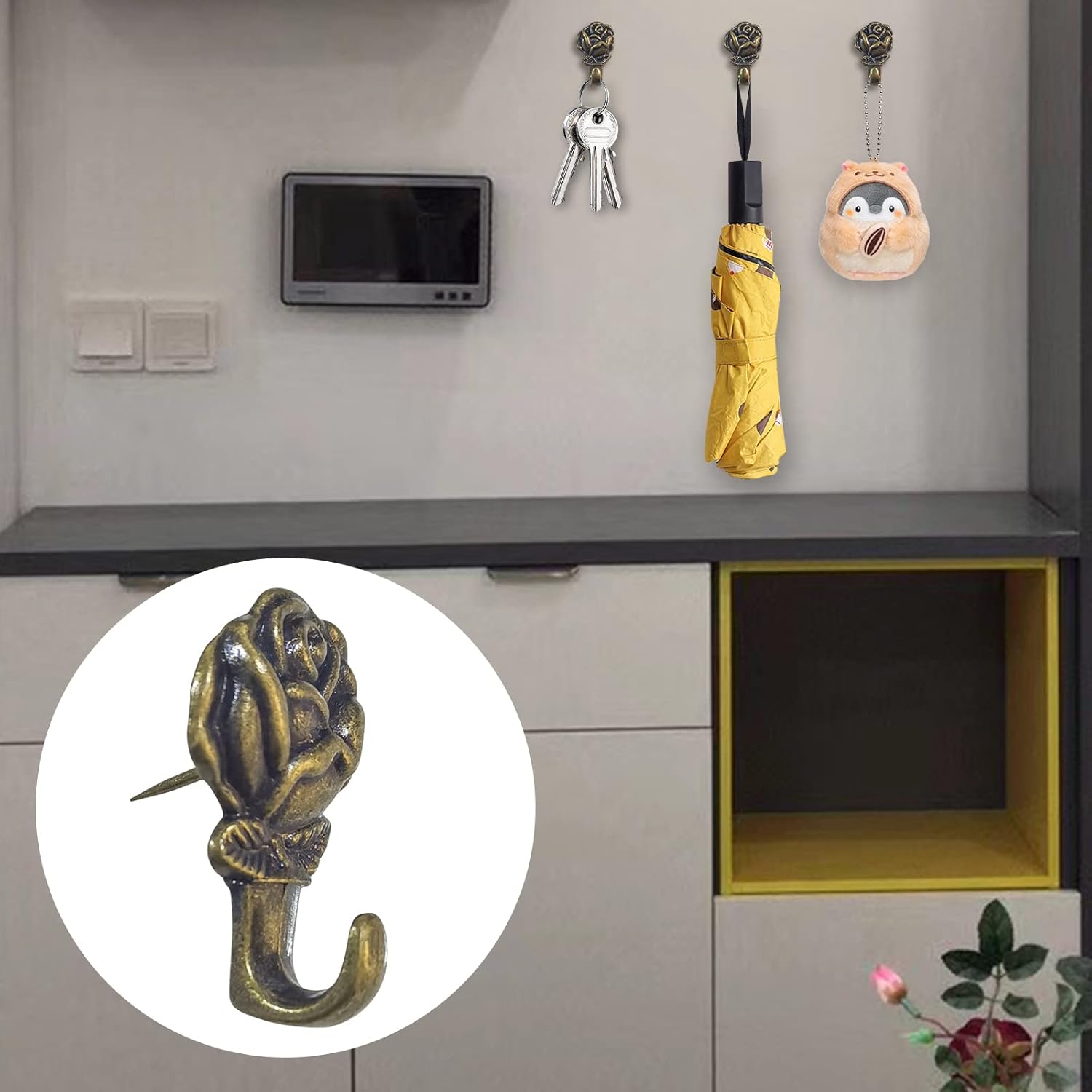 Push Pin Hangers, 20 Pcs Zinc Alloy Rose Pin Hooks Picture Hanging Nails for Home Office Fabric Wall Wooden (Bronze) - Image 3