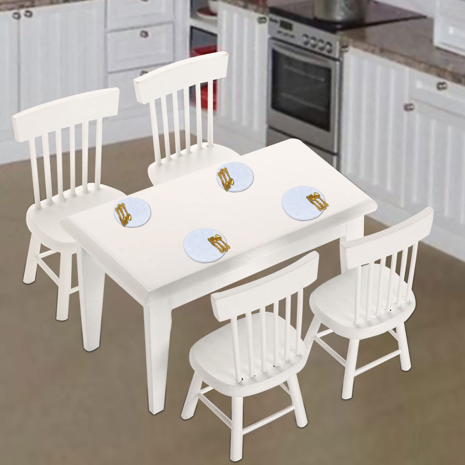 Tesyeux Miniature Dining Set, 22Pcs Kitchenware Model Set, White Wooden 1:12 Chairs, Plates, Forks, Spoons, Gold Cutlery, Kitchen Accessories for Miniature Dolls, Furniture Set - Image 4