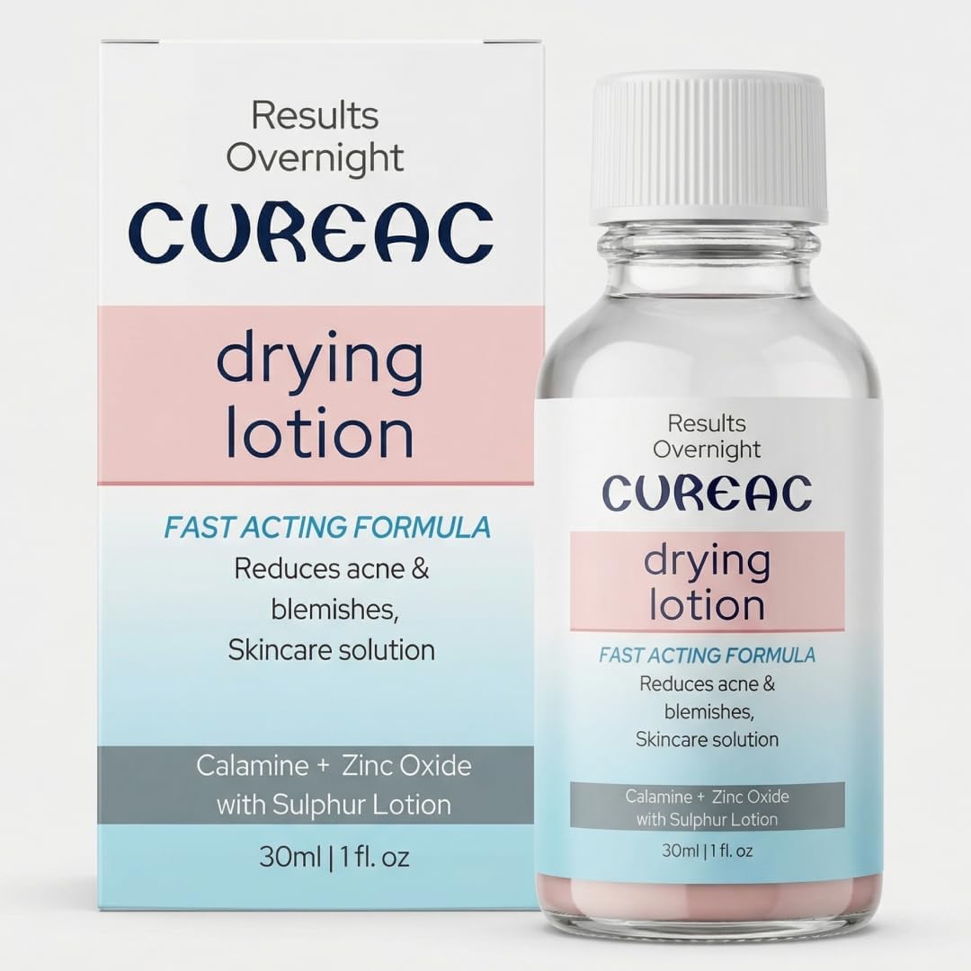Cureac Drying Lotion with Calamine, Zinc Oxide & Sulphur - 30ml | Acne & Spot Care Lotion for Clear & Balanced Skin