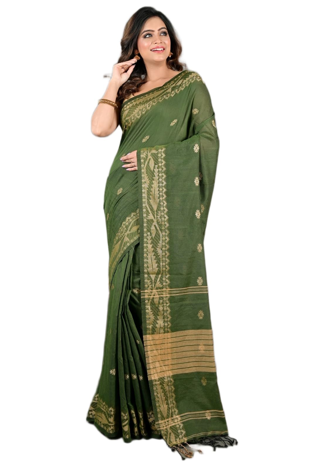 ec esha's collection Women's Cotton Blend Karat Border Handloom Saree With Unstitched Running Blouse Piece-picture-47