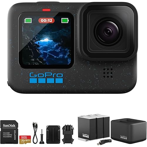 GoPro HERO12 Black with 5.3K60 Video, 27MP Photos & HyperSmooth 6.0 Stabilization, Dual-Battery Charger with Two 1720mAh Enduro Batteries, 128GB Extreme microSDXC Card with SD Adapter Bundle Kit