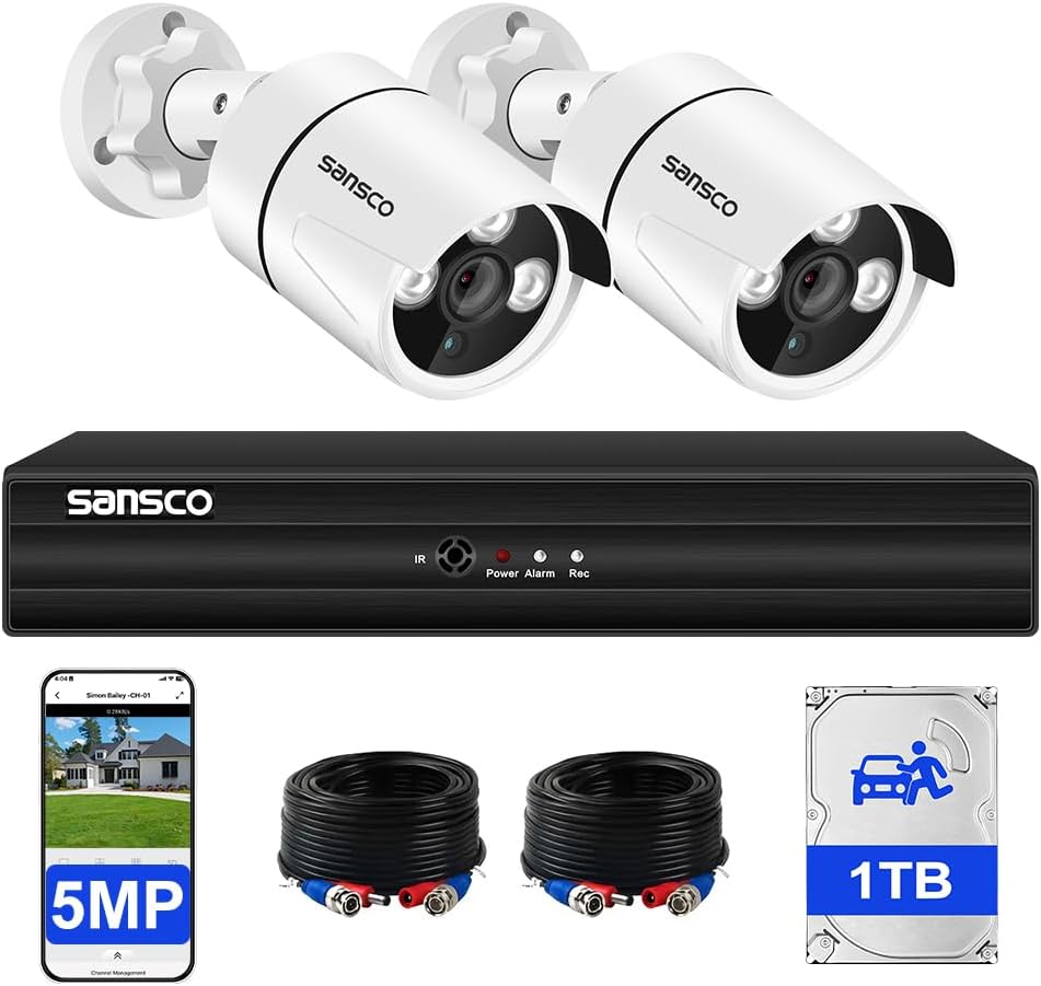 SANSCO 5MP Color Night Vision, Audio Recording, Outdoor Wired CCTV Camera System with 1TB Hard Drive, 4 Channel Surveillance DVR, 2 x 3K Home Security Camera, Human Vehicle Detection, Remote Access
