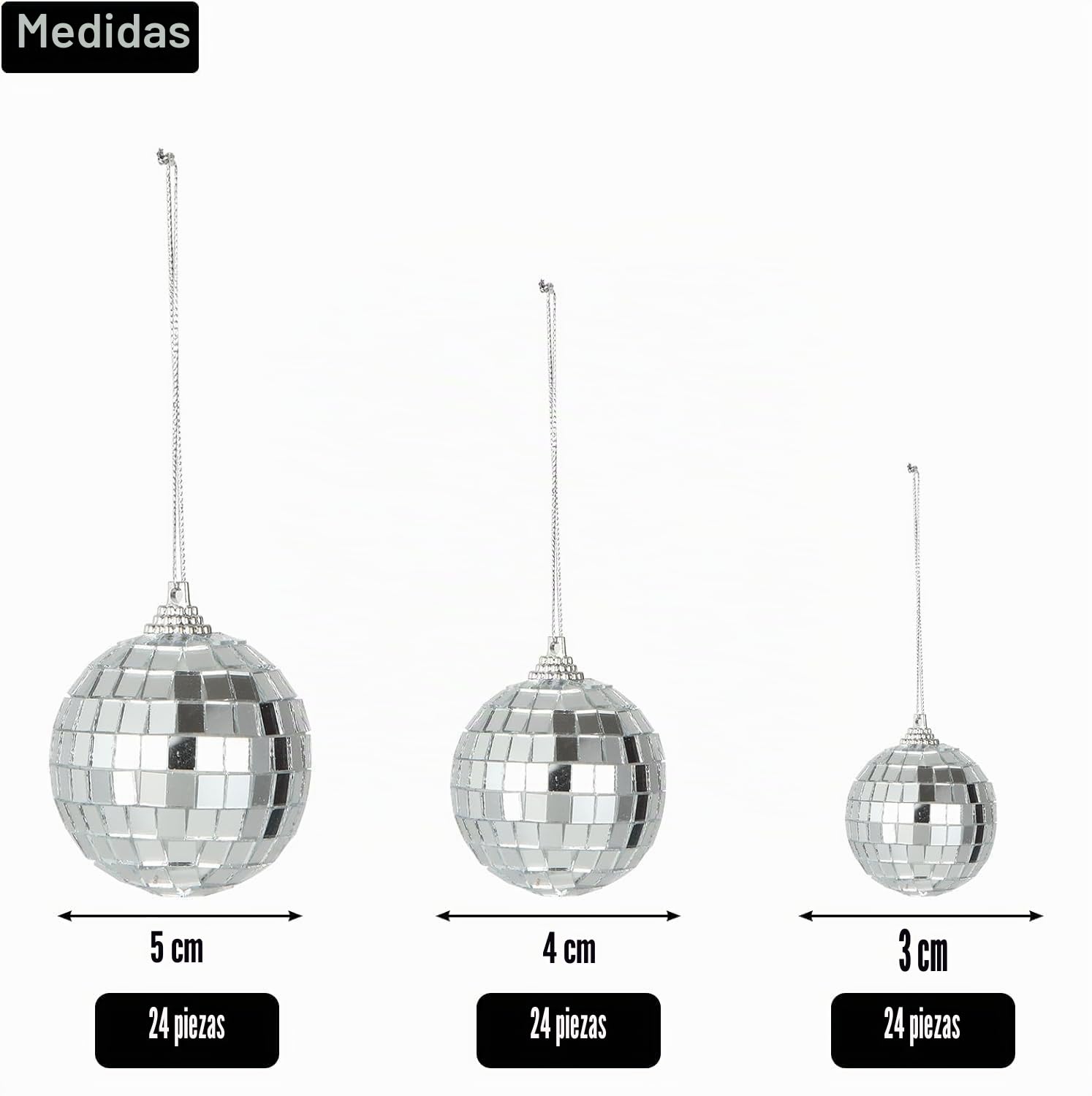 ASelected Pack de 72 Bolas de Espejos, Bola de Discoteca Espejo Plateadas, Bolas de Espejo Discoteca 3/4/5 cm, Mini Bola Colgante para Fiesta, Boda, Navidad y Tartas