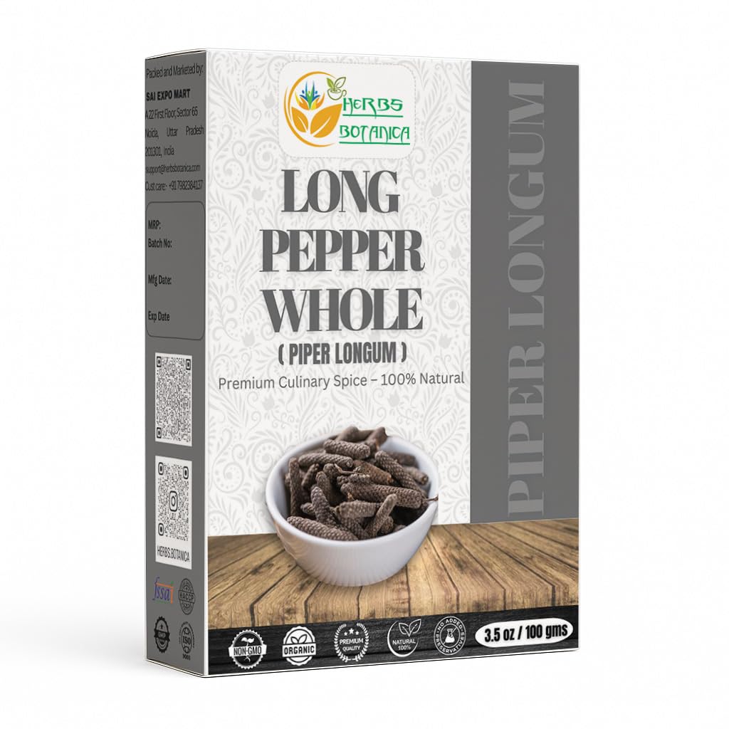 Herbs Botanica Long Pepper Whole (Piper Longum), Black Peppercorns Pippali for Cooking, Herbal Remedies, Pure Indian Spice, Dried Natural Longum, 3.52 oz / 100 gm, Ayurvedic Uses