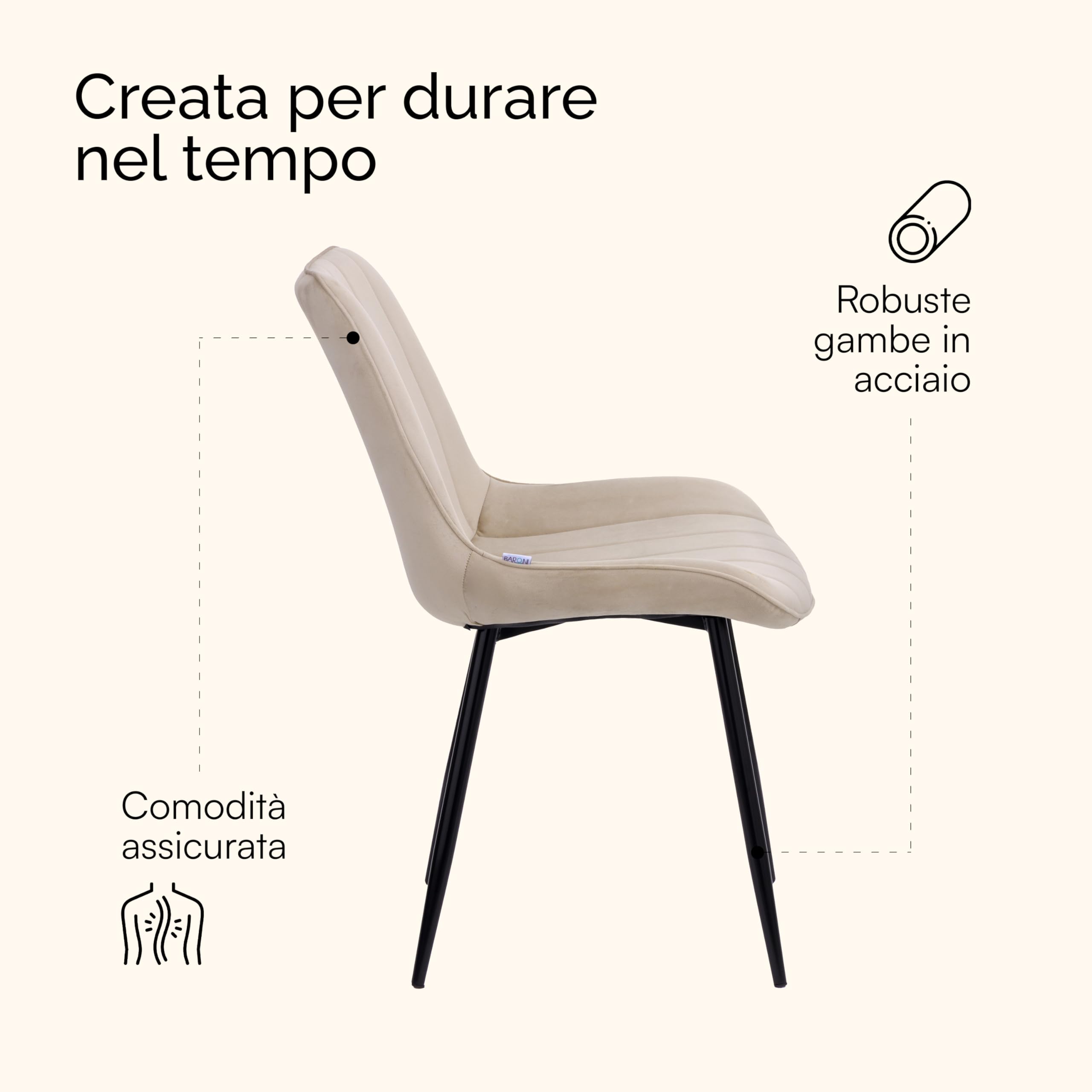 Baroni Home Juego de 4 sillas Modernas con Revestimiento de Terciopelo y Patas de Acero Negro, para salón, Dormitorio, Comedor, 53 x 86 x 44 cm, Beige