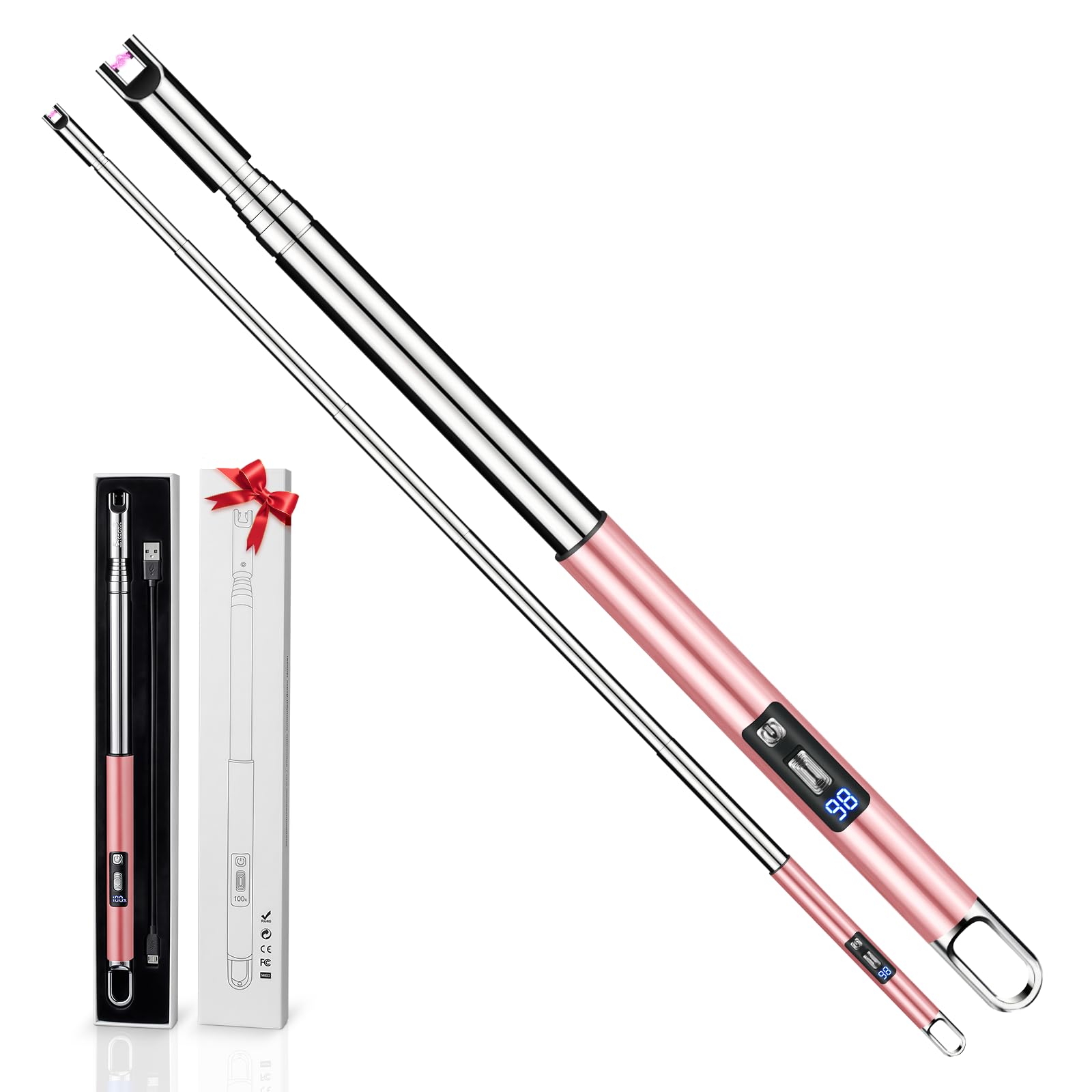 Extendable Plasma Arc Lighter, 3.2ft Long Reach Telescoping Electric Igniter with LED Light & Ignition Counter, USB-C Rechargeable Flameless (Pink)