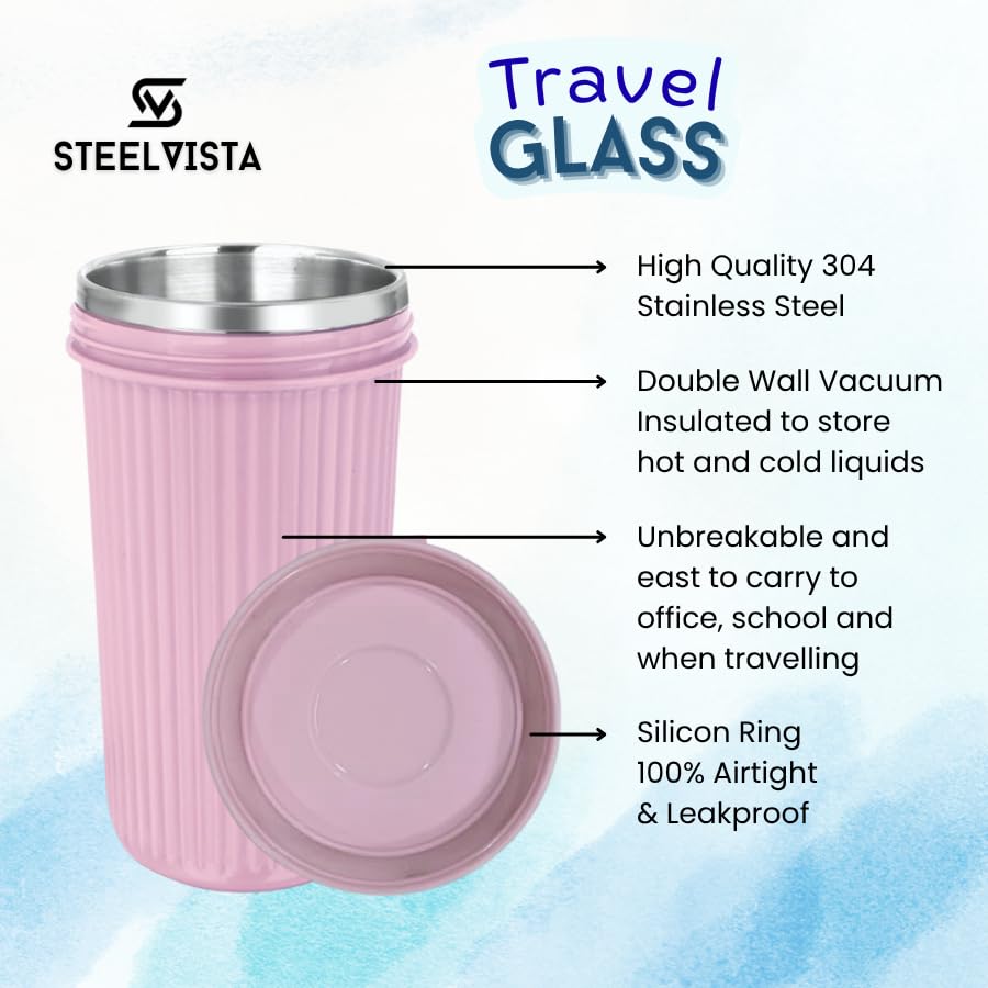 Image of Travel Glass with Airtight Silicone Lid | Double Walled Unbreakable Leakproof | Ideal for Home, Office & Travel (Baby Pink)